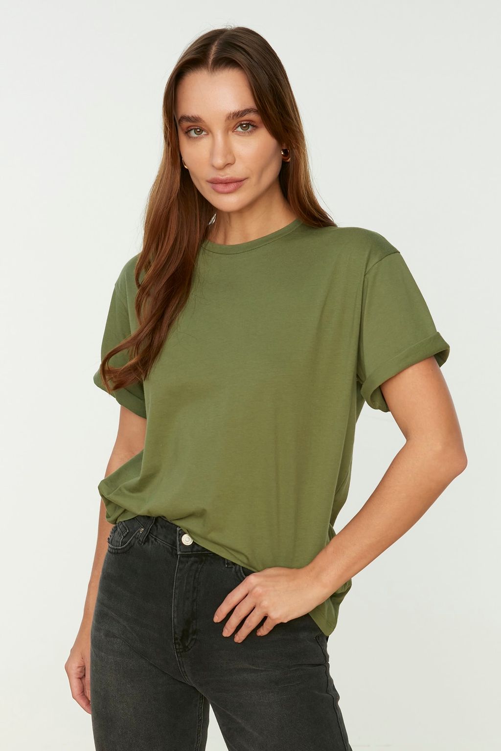 TRENDYOLMILLA Beyaz %100 Pamuk Bisiklet Yaka Oversize/Genis Kal?p Orme T-Shirt TWOSS20TS0134  фото 22