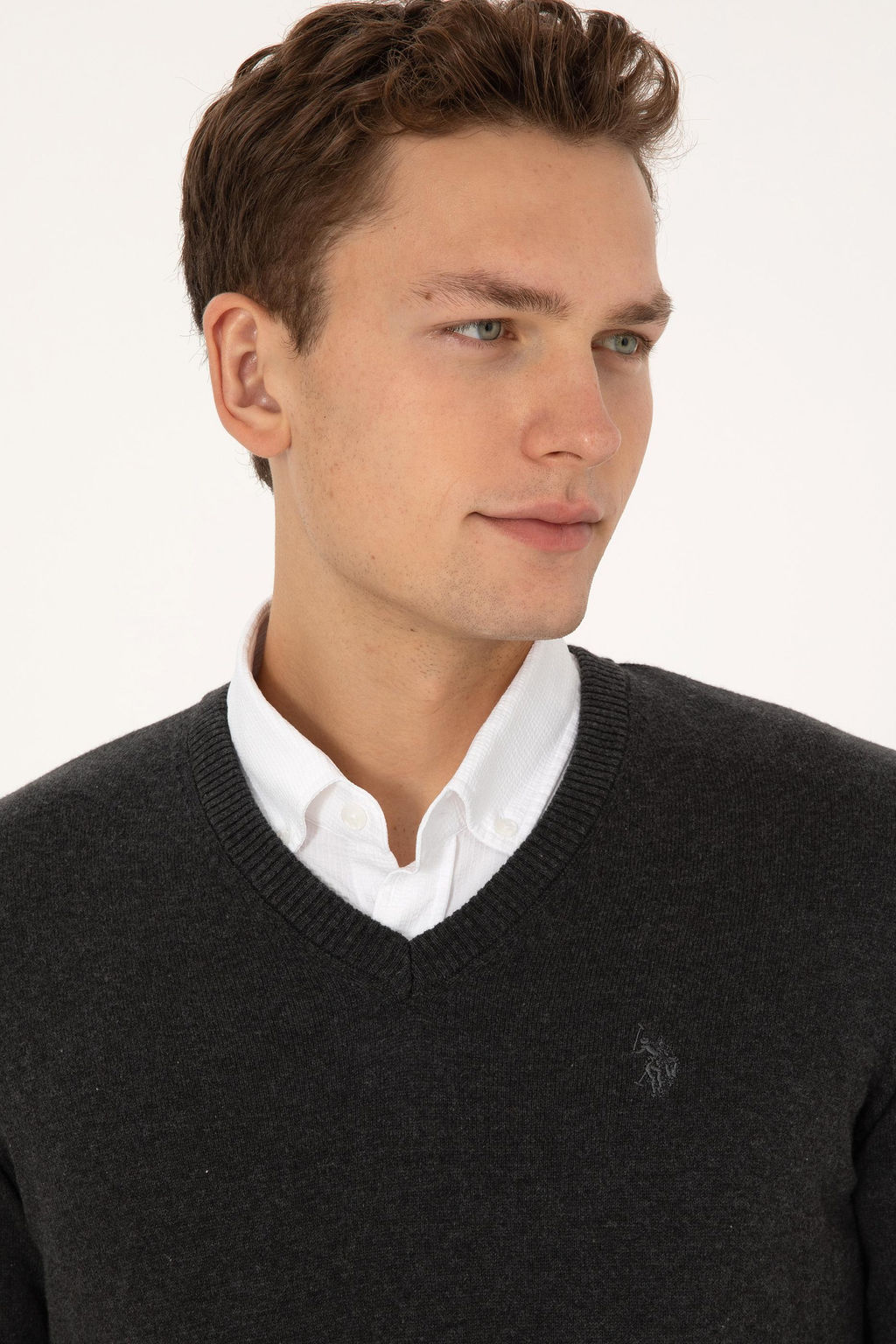 Erkek Slim Fit V Yaka Antrasit Melanj Basic Triko Kazak - U.s. polo assn фото 2