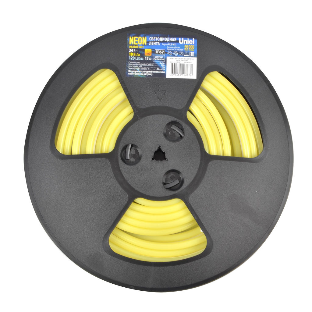 ULS-N11-2835-120LED/m-8mm-IP67-DC24V-10W/m-15M-YELLOW Светодиодная гибкая герметичная лента. NEON. Катушка 15м. в герметичной упаковке. Желтый свет. ТМ Uniel