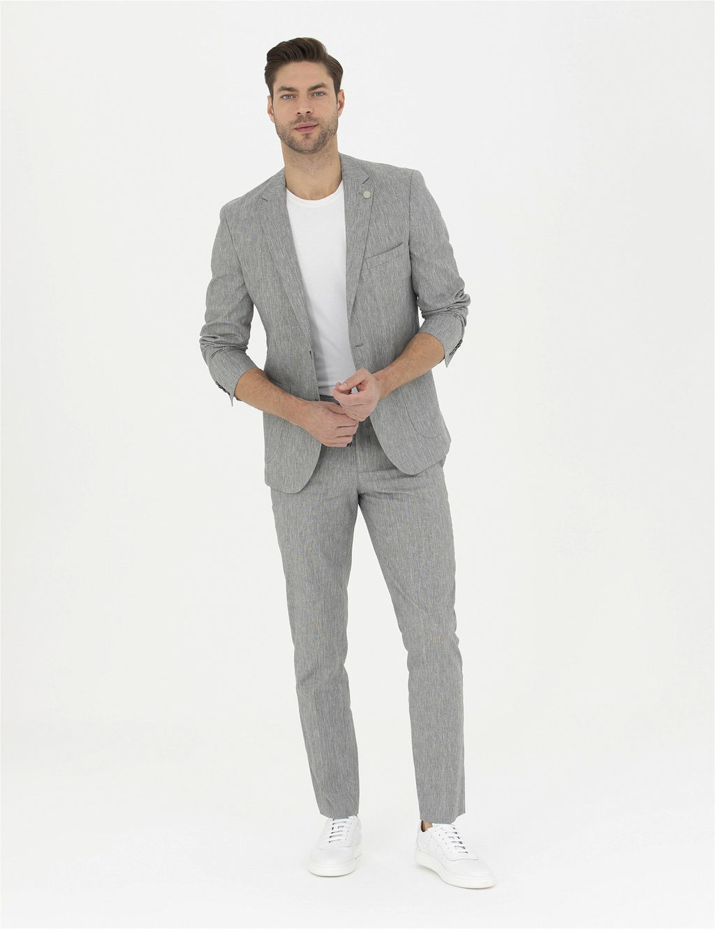 Gri Ex. Slim Fit Keten Kar___ml_ Kuma_ Pantolon