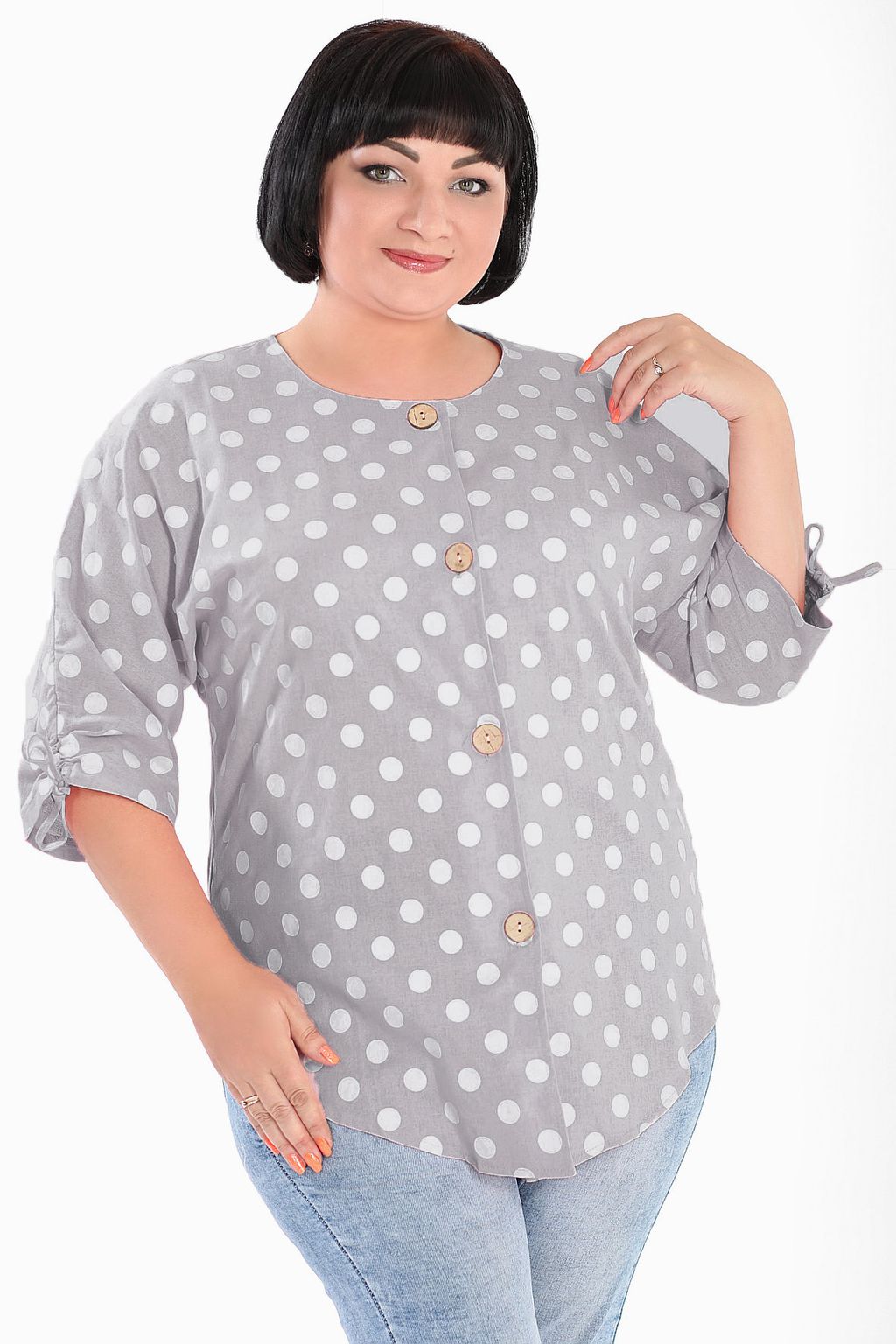 Серый пыльник в горох женский летний больших размеров