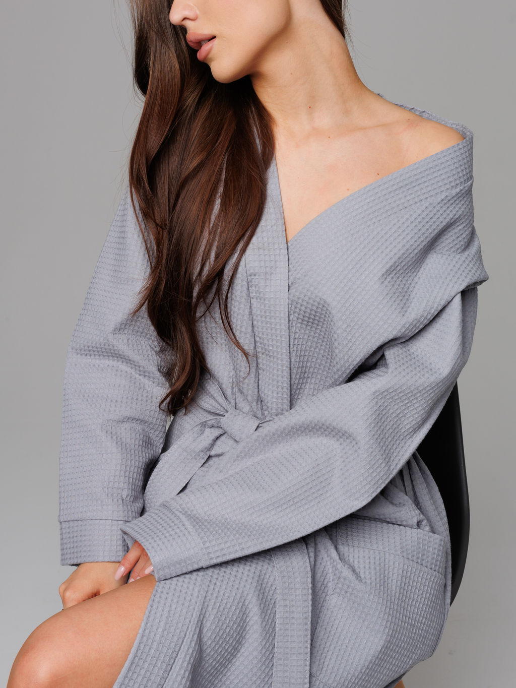 Женский вафельный халат с планкой серый В-02 (20)