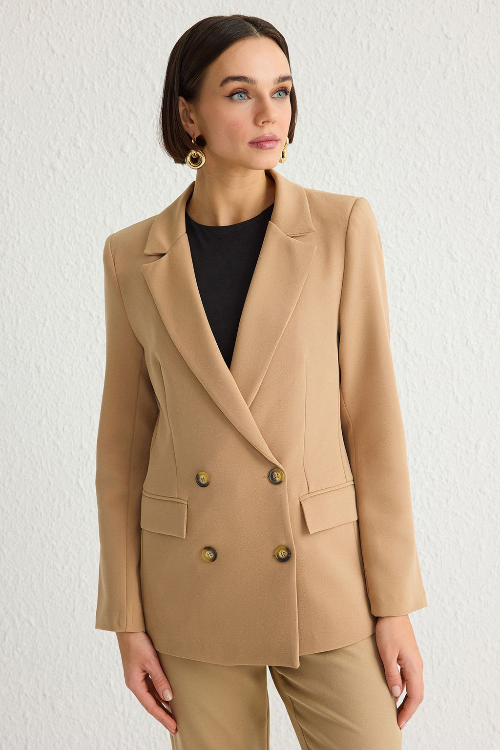 TRENDYOLMILLA Bej Regular Astarl? Kruvaze Kapama Dokuma Blazer Ceket TWOSS21CE0107  фото 2