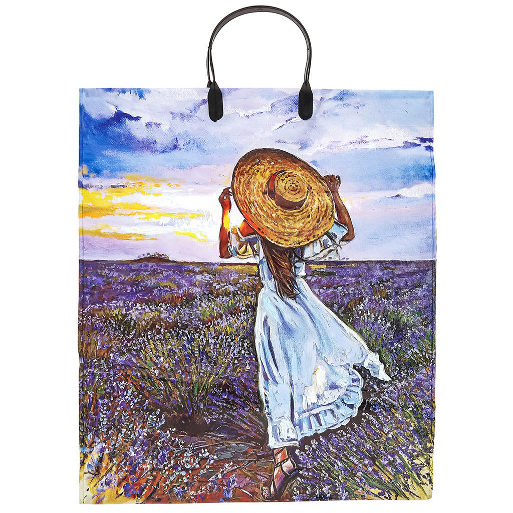 Цена за 10 шт. Пакет подарочный ПЭ с пластмассовыми ручками 38х45+3см "Лавандовое поле", 90 мкм (Россия)