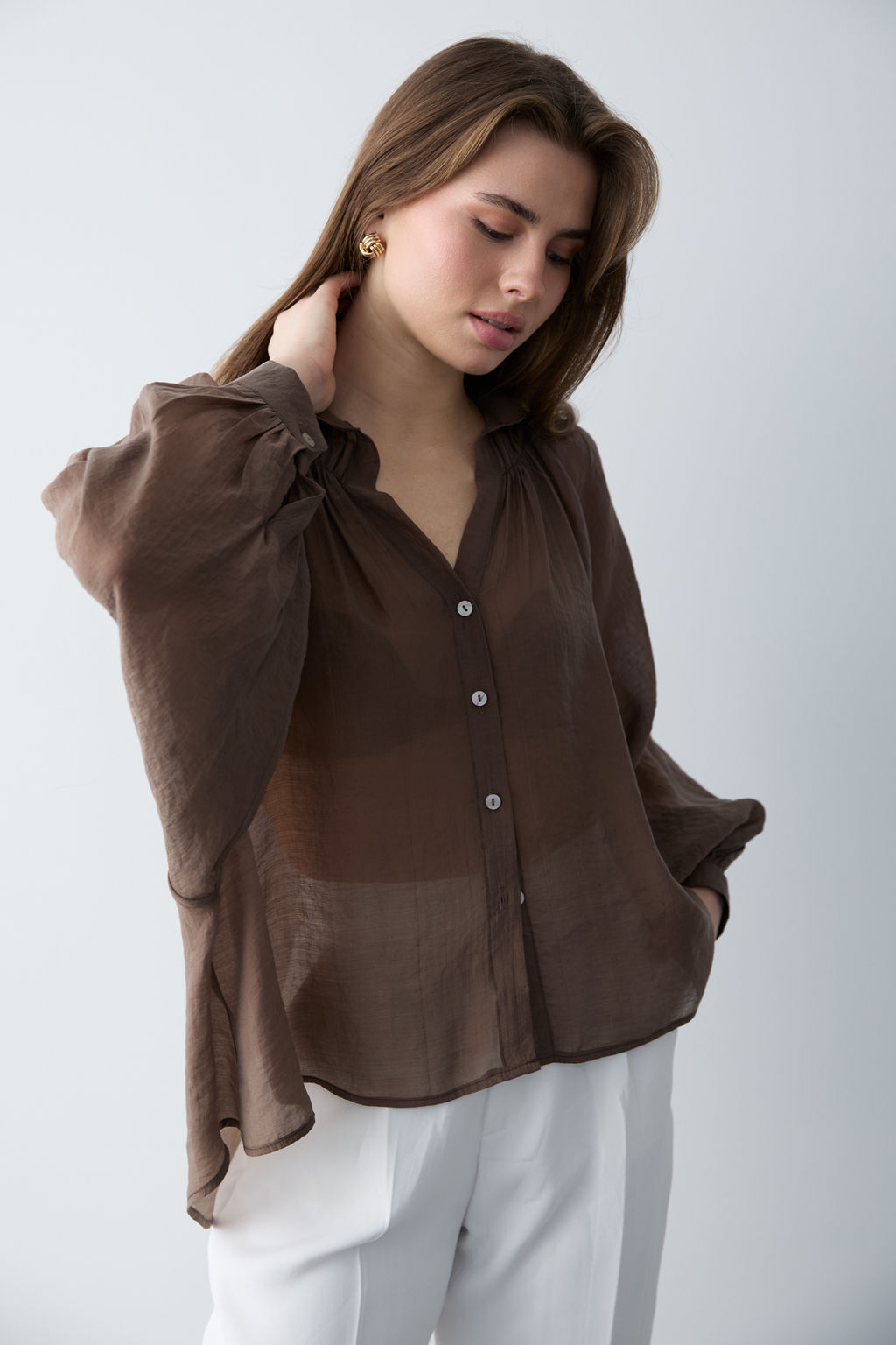 Kahverengi Ince Dokumlu Balon Kol Dokuma Gomlek TWOSS26GO00139 - Trendyolmilla фото 3