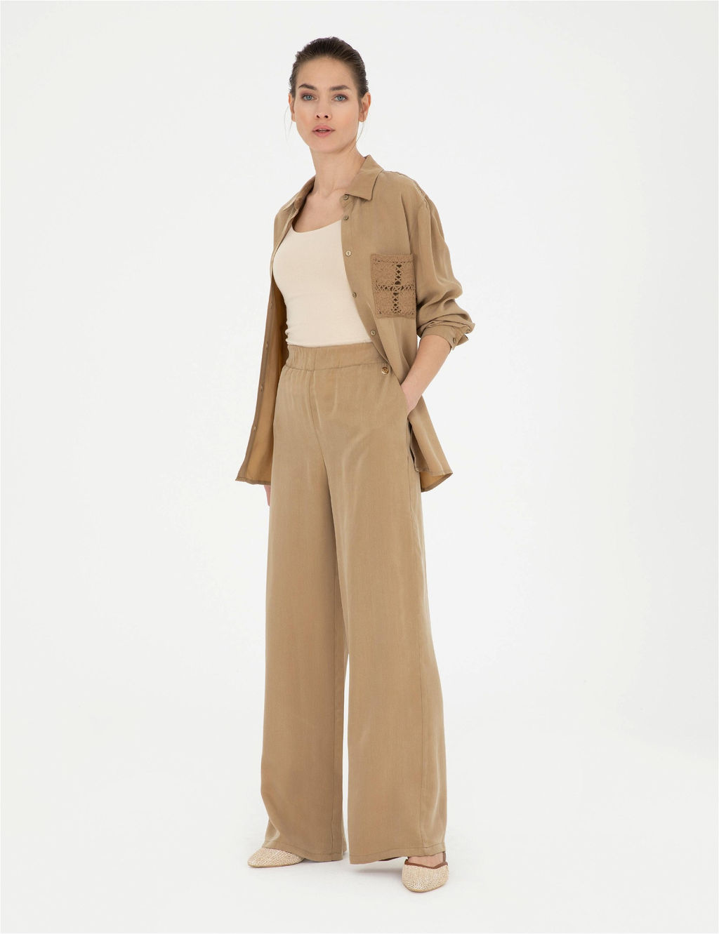 Bej Cupro Dokulu Wide Leg Pantolon - Pierre cardin фото 3