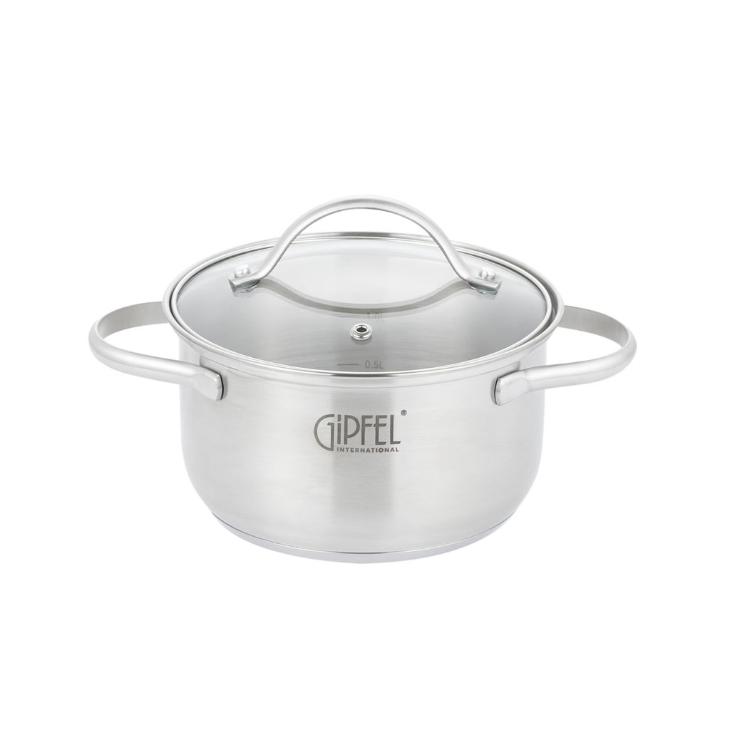51059 GIPFEL Кастрюля AZALEA 16x9.5 см/ 1.5л со стеклянной крышкой, с индукционным капсульным дном. Материал: нерж. сталь 18/10. Толщина: 0.5 мм.  фото 2