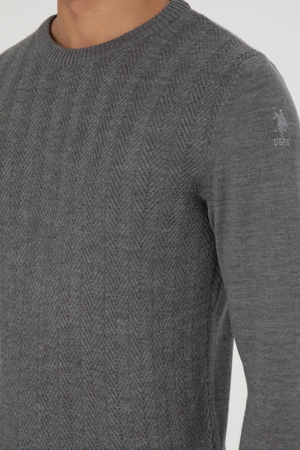 Erkek Slim Fit Bisiklet Yaka Gri Melanj Kazak - U.s. polo assn фото 7