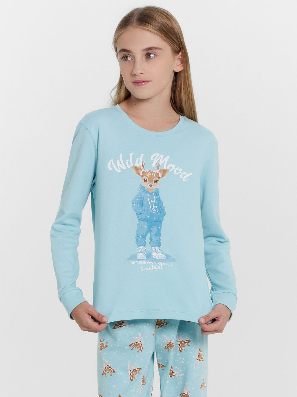 Комплект для девочек (джемпер, брюки) новогодний голубой с оленятами - Mark formelle фото 3