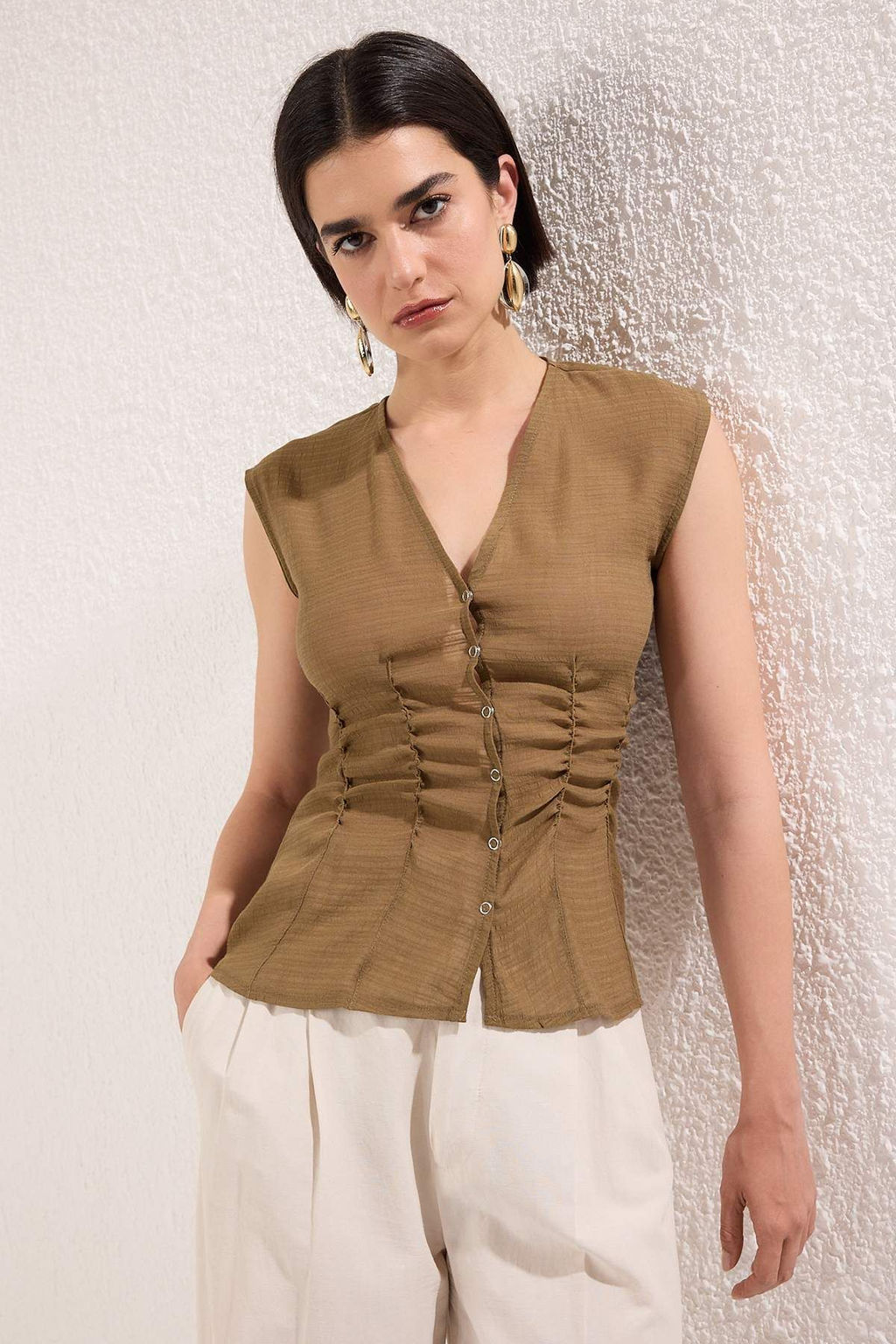 Trendyolmilla Haki Transparan C?tc?tl? Fitted Kolsuz Dokuma Bluz TWOSS25BZ00554  фото 2