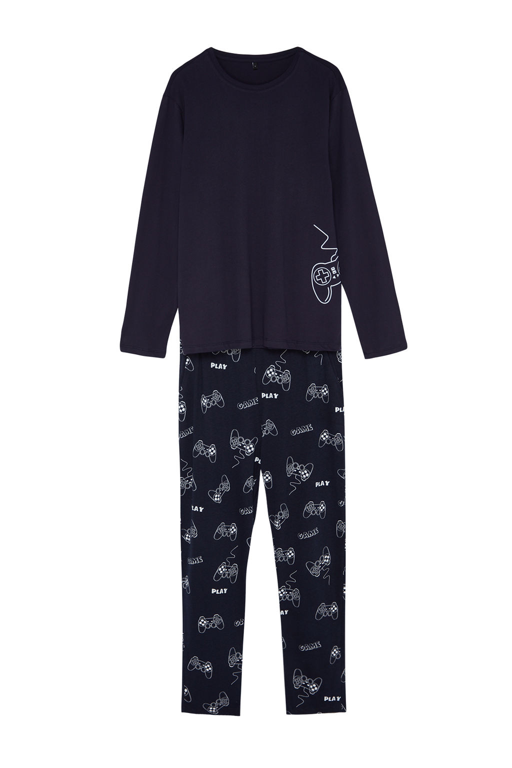 Lacivert Regular Fit Bask?l? Orme %100 Pamuk Pijama Tak?m? TMNAW24PT00012