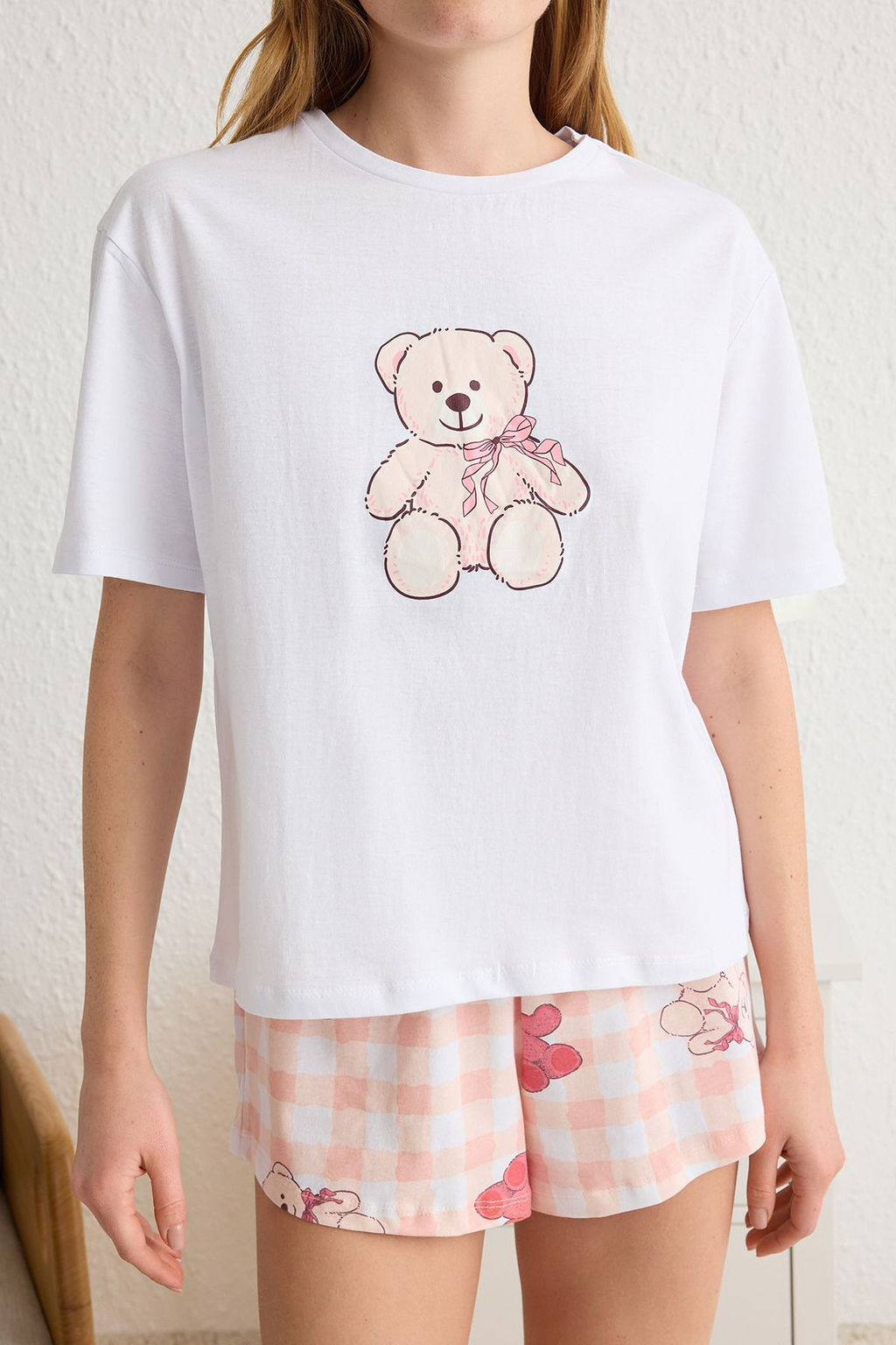 Trendyolmilla Ekru %100 Pamuklu Ay?c?kl? ve Kurdele/Fiyonk Bask?l? Sortlu Orme Pijama Tak?m? THMSS25PT00063  фото 3