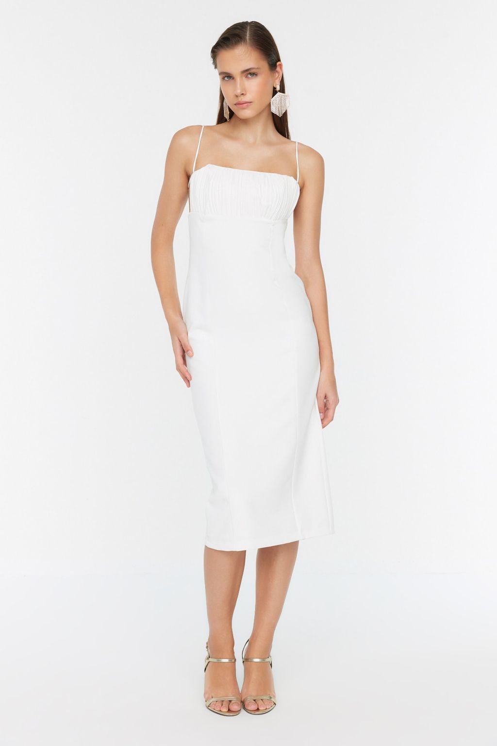 Trendyolmilla Bridal Ekru Yaka Detayl? Dokuma Abiye Gece Elbise TPRSS22EL3197  фото 10