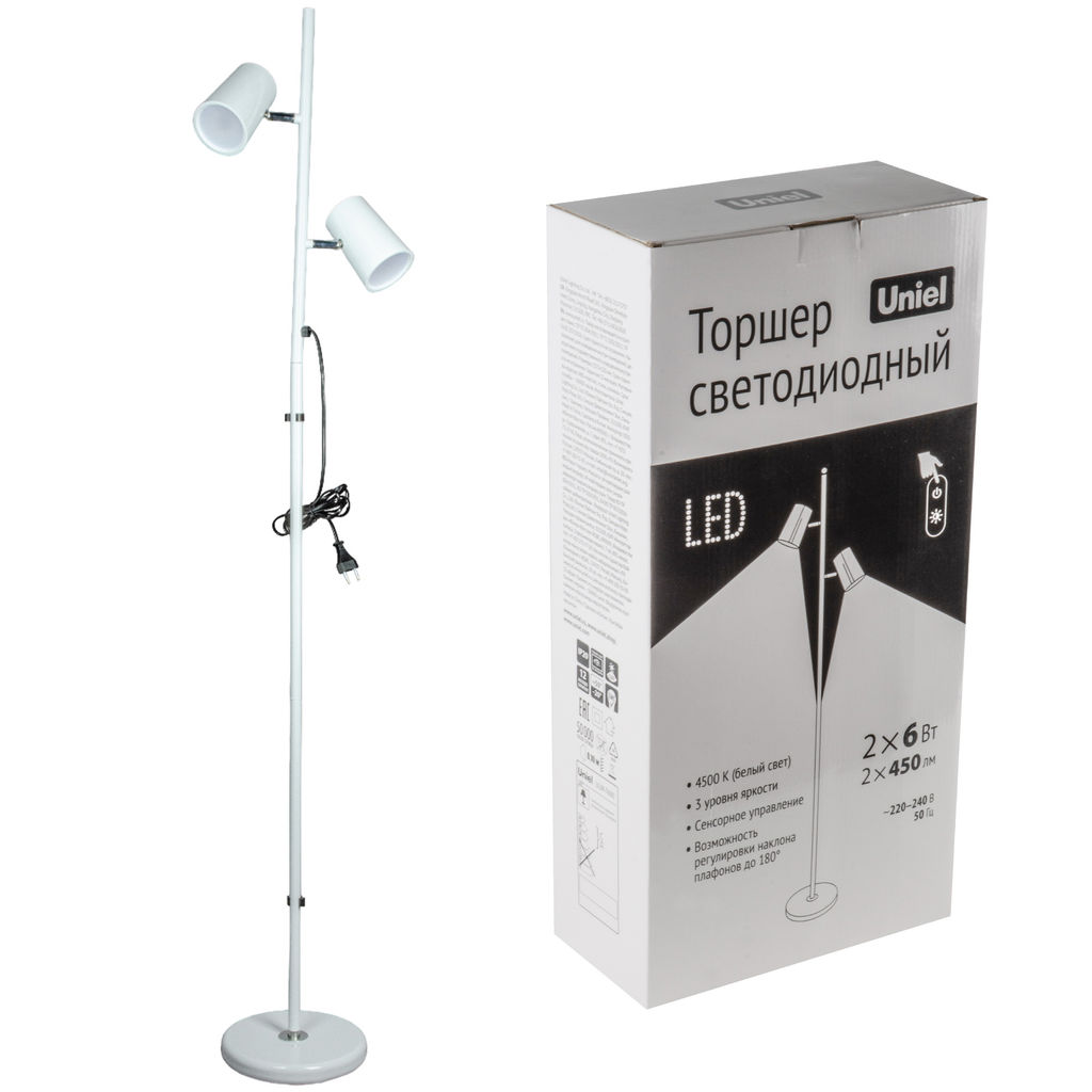 ULM-T600 2х6W/4500K/DIM WHITE Торшер напольный светодиодный, 2х6W. Сенсорный выключатель. Диммер. Белый. ТМ Uniel