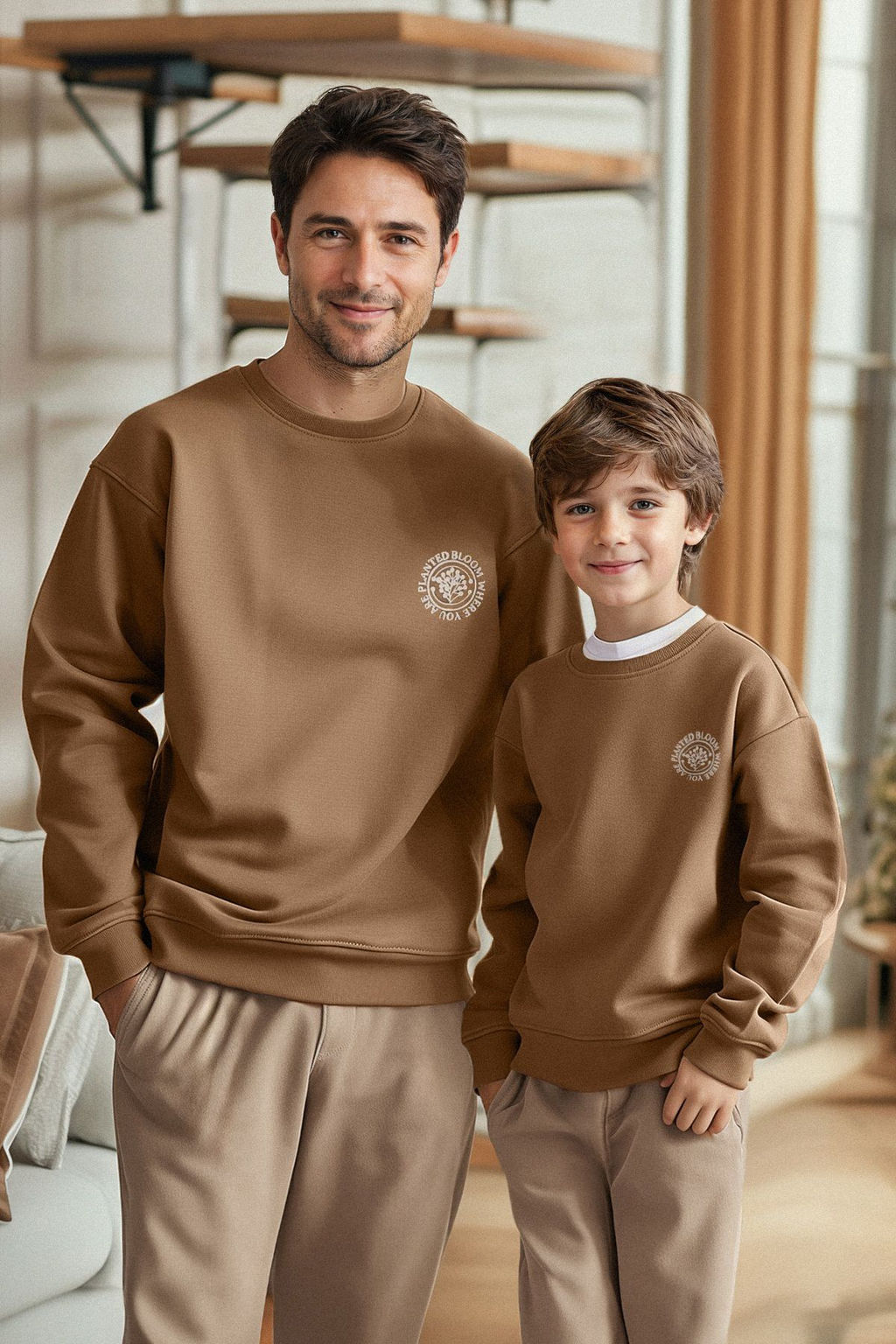Koyu Kahverengi Erkek Cocuk Bask?l? Baba-Ogul Orme Sweatshirt TKDAW25SW00055