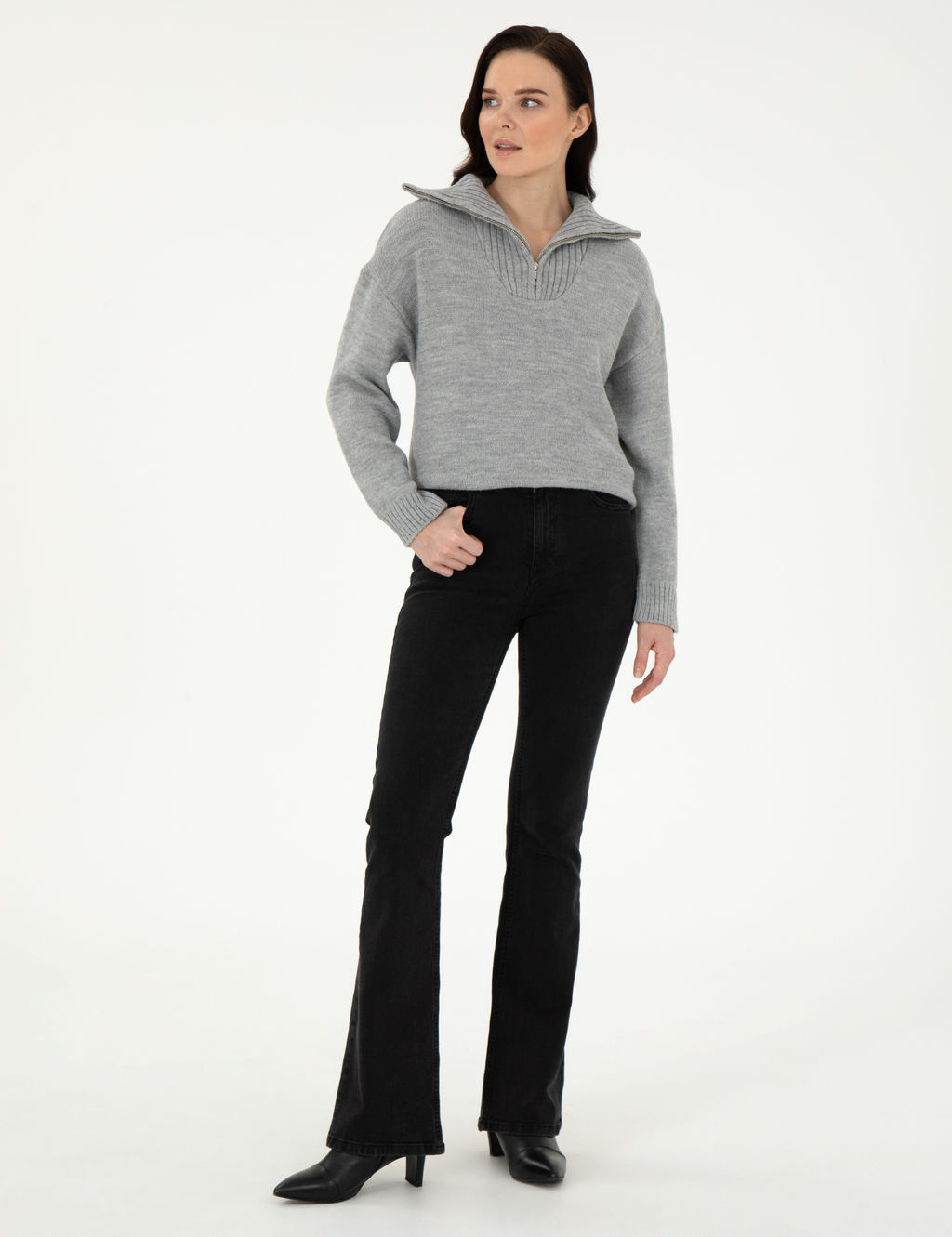 Gri Melanj Comfort Fit Fermuarl_ Kazak