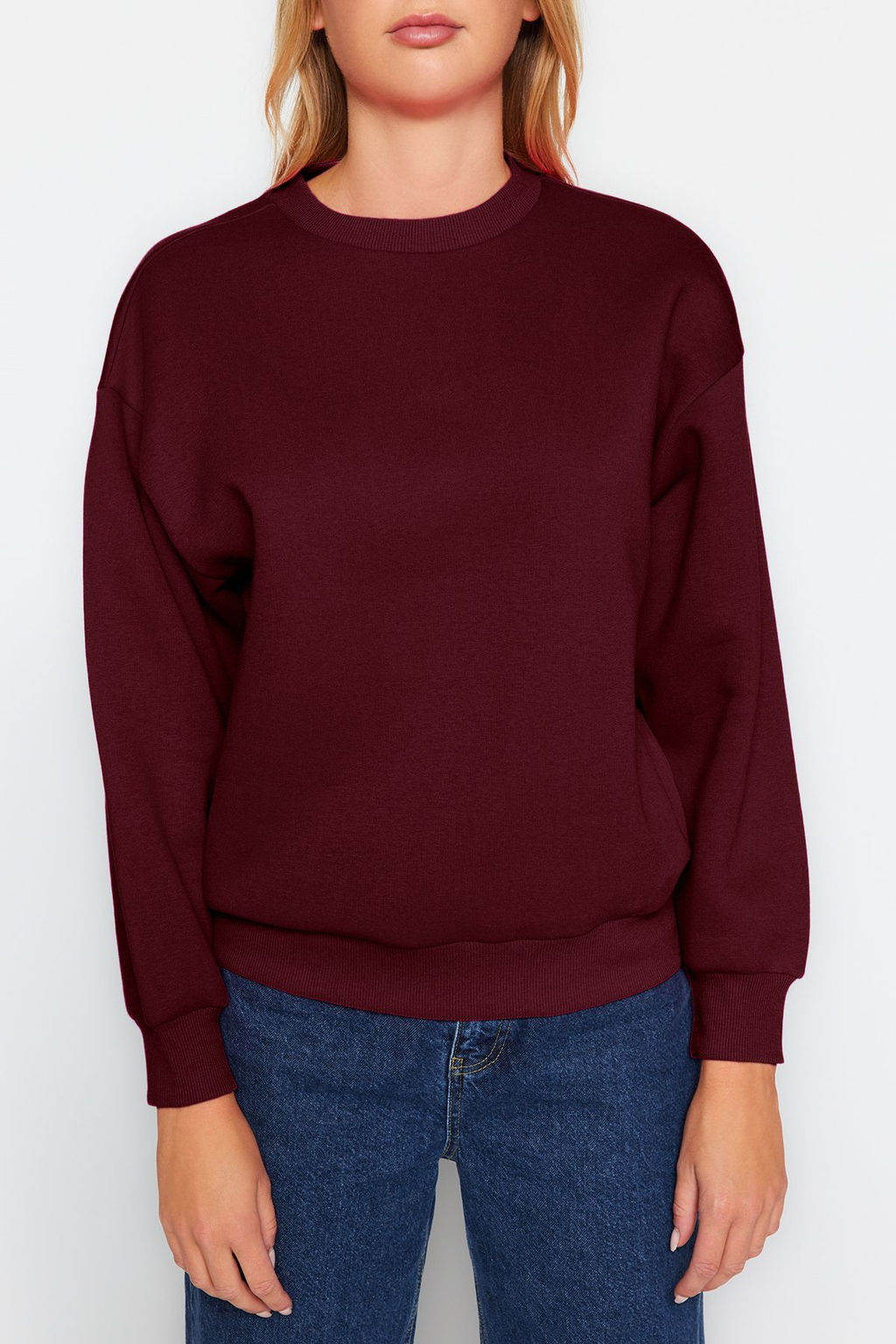 Bordo Kal?n Ici Polarl? Regular/Normal Kal?p Bisiklet Yaka Basic Orme Sweatshirt TWOAW24SW00101