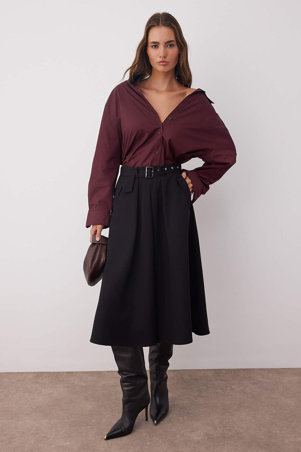 Siyah Kemerli Dokuma Klos Midi Etek TWOAW26ET00034