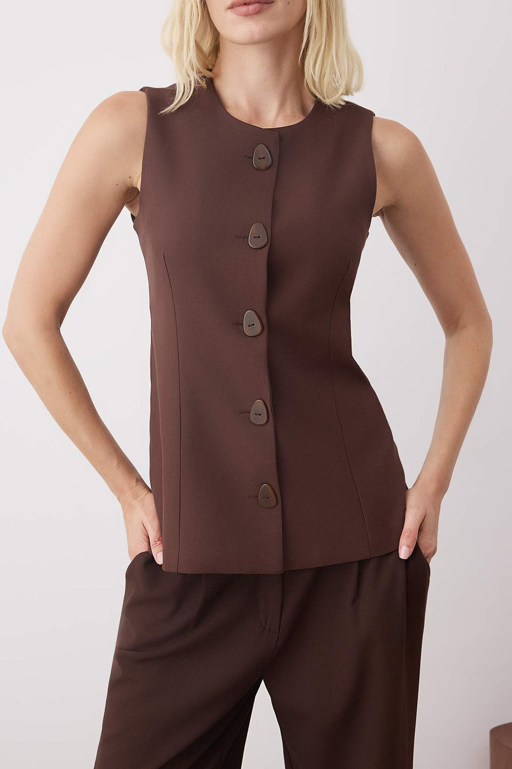 Sustainable Kahverengi Aksesuar Dugmeli Fitted Dokuma Yelek TWOAW26YE00052 - Trendyolmilla фото 6