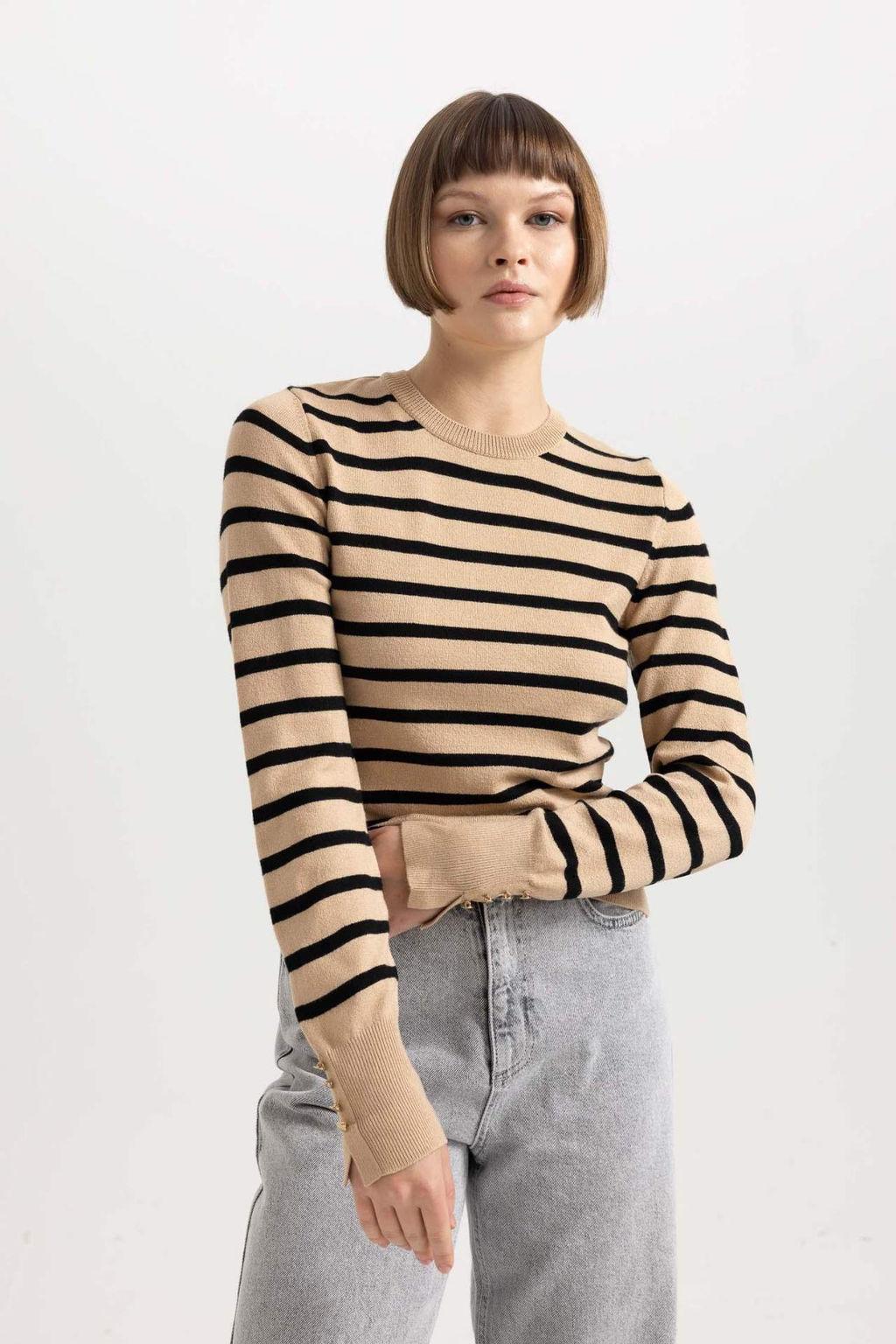 Regular Fit Yumusak Dokulu Bisiklet Yaka Cizgili Triko Kazak - Defacto фото 2