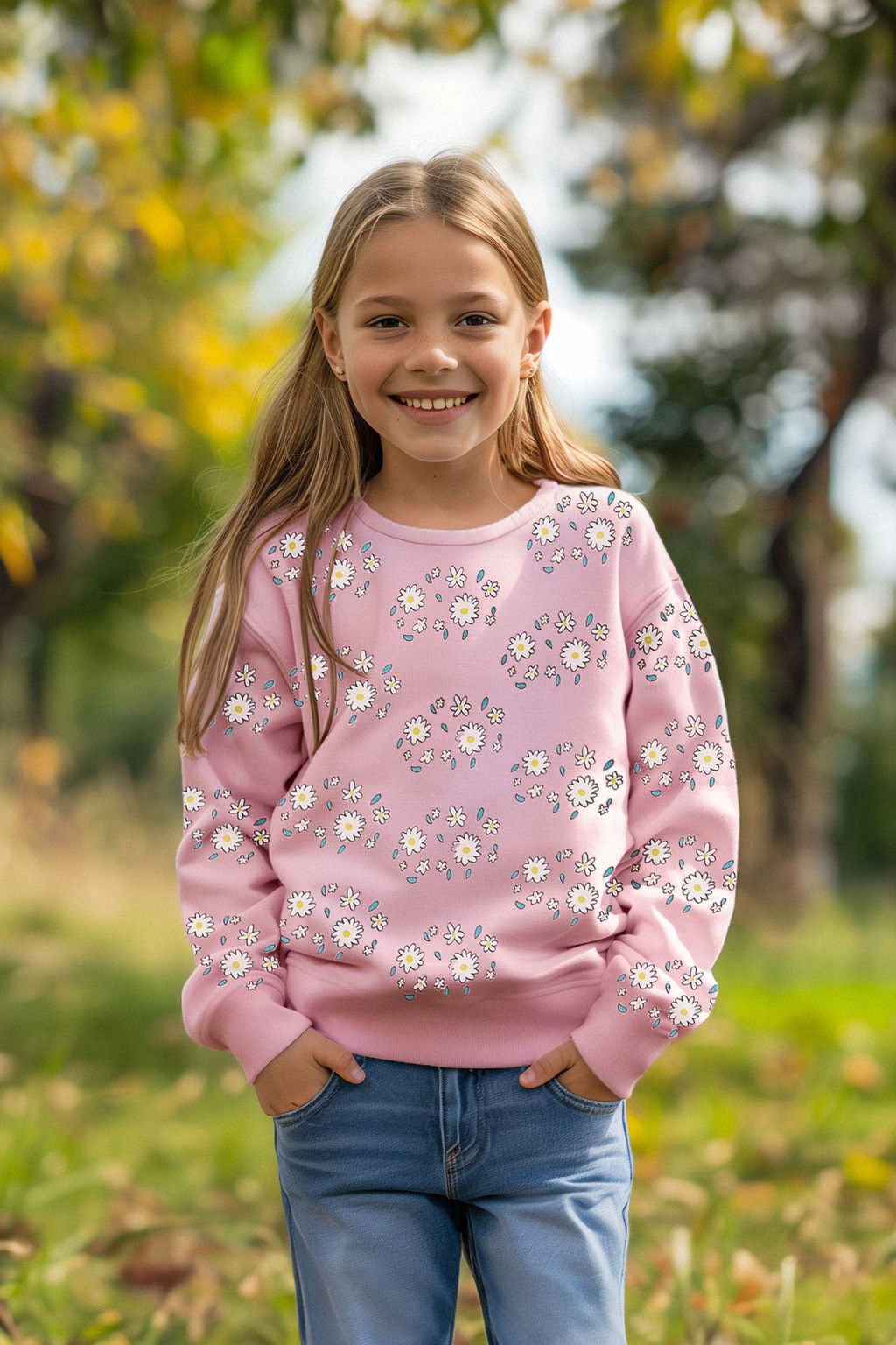Pembe*004 K?z Cocuk Mevsimlik-Ince Cicek Desenli Orme Sweatshirt TKDAW25SW00001