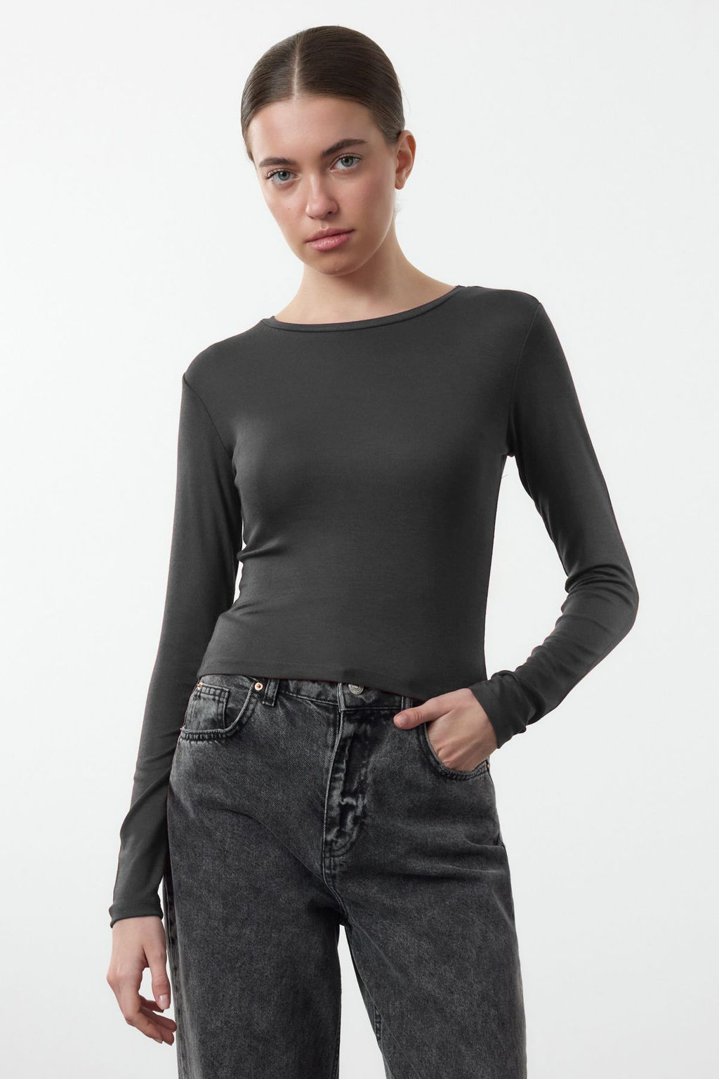 Trendyolmilla Siyah-Ekru Ikili Paket Crop/K?sa Fitted/Vucuda Oturan Orme Bluz TWOAW25BZ00061  фото 3