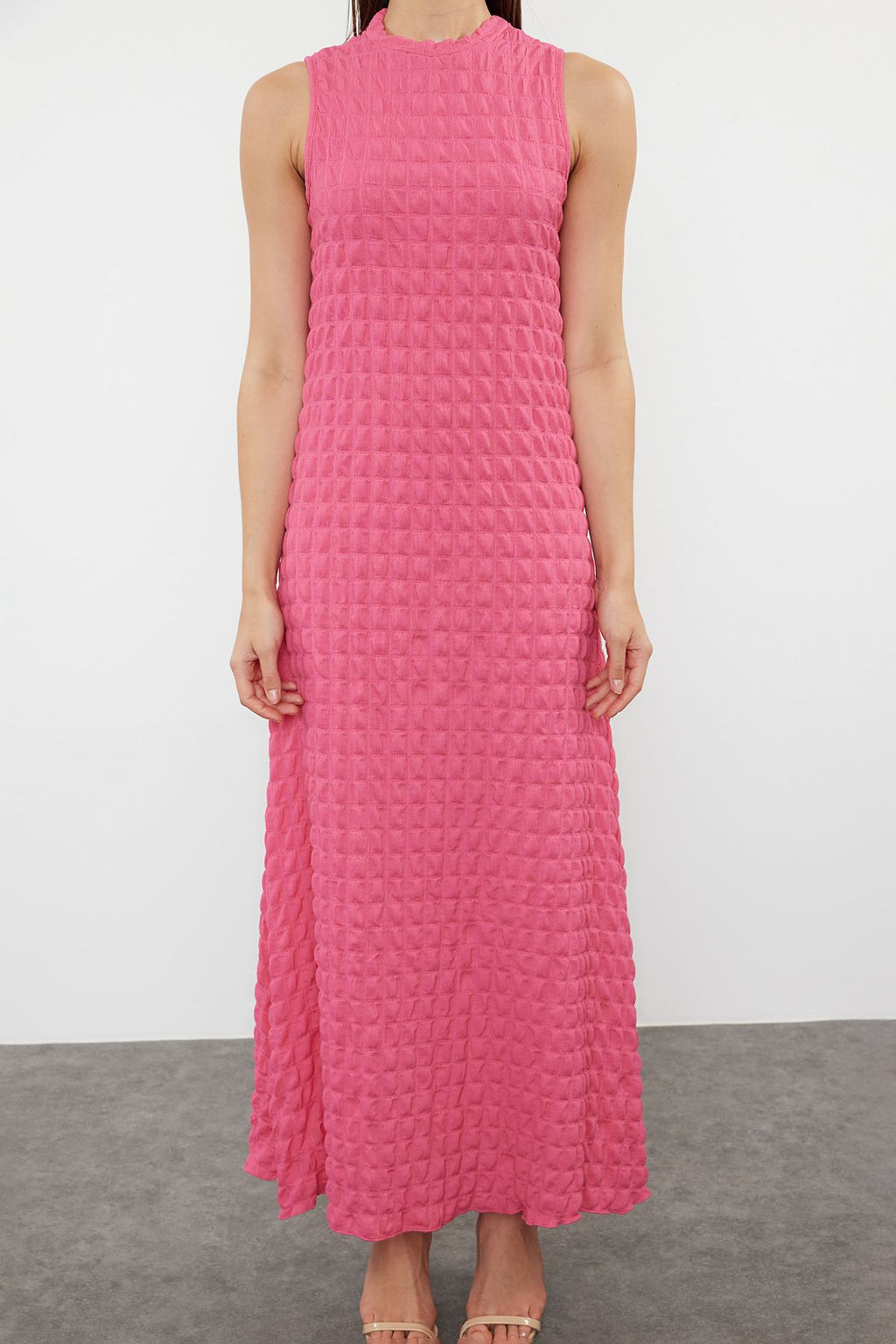 TRENDYOLMILLA Beyaz Duz Dokulu A Kesim/Can Form Bisiklet Yaka Dokulu Maxi Elbise TWOSS24EL00683 фото 9