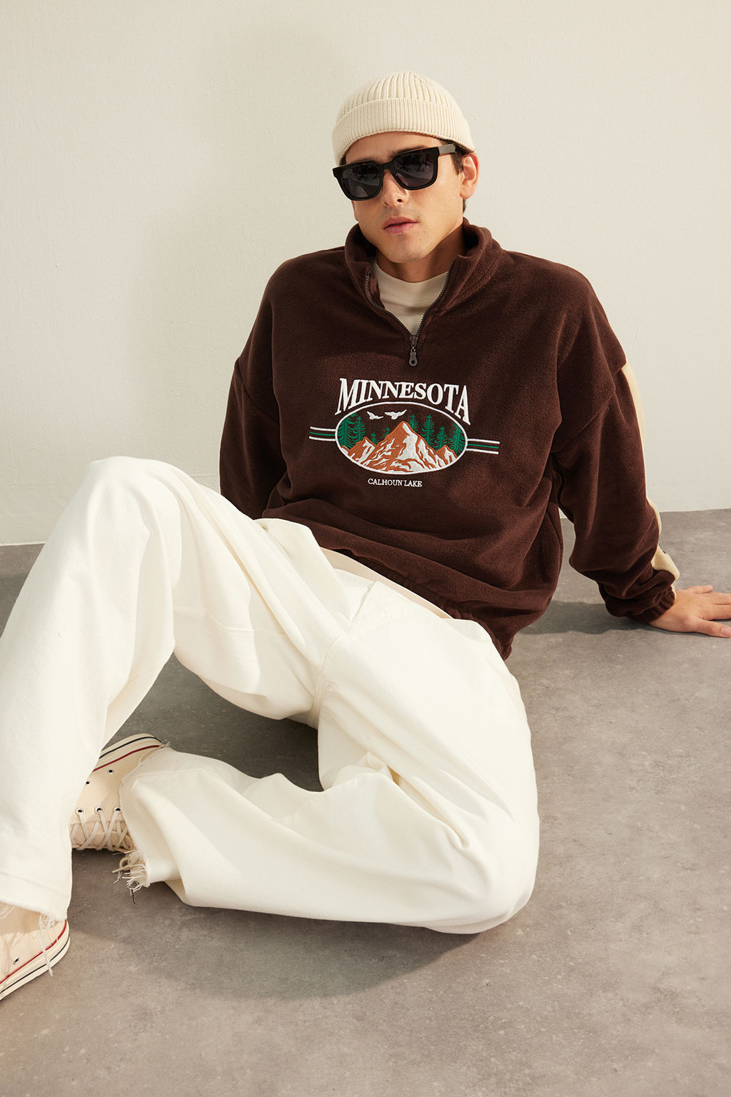 Kahverengi Unisex Oversize/Genis Kesim Dik Yaka Fermuar Anti-pilling Polar Sweatshirt TMNAW24SW00034