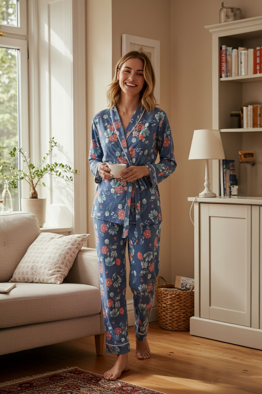 Mavi %100 Pamuklu Cicek Desenli Kruvaze Gomlek-Pantolon Orme Pijama Tak?m? THMAW21PT0584 - Trendyolmilla фото 9