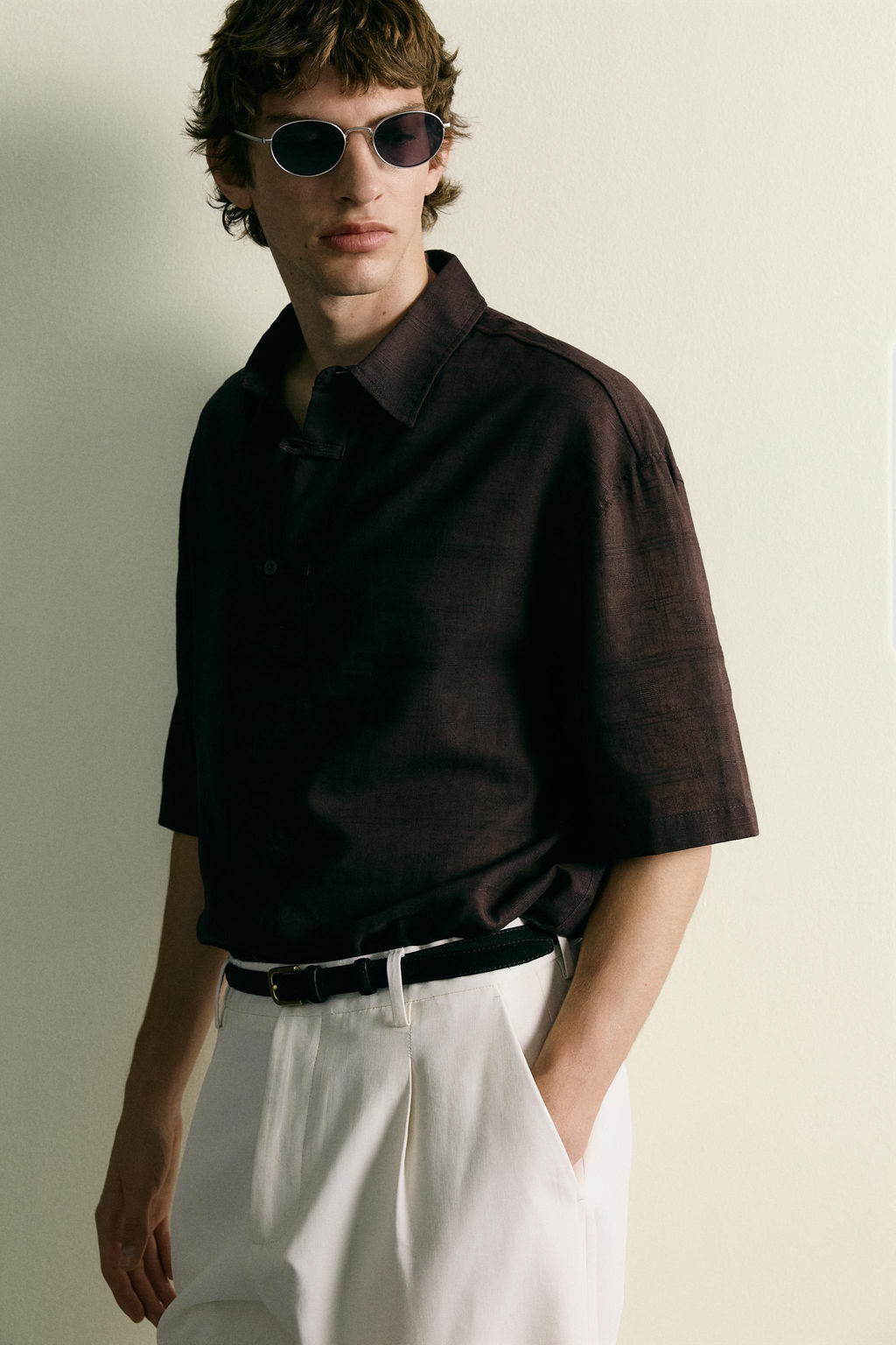 CAMISA POLO LINO - ALGOD?N / Chocolate - Zara фото 5