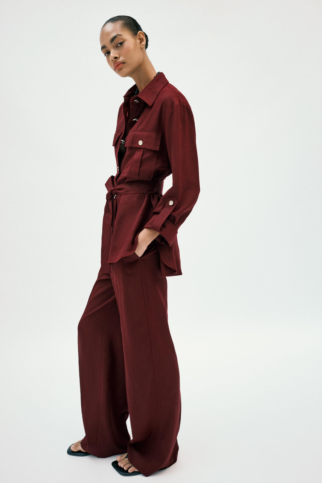 PANTAL?N RECTO CON LINO / Burgundy - Zara фото 6