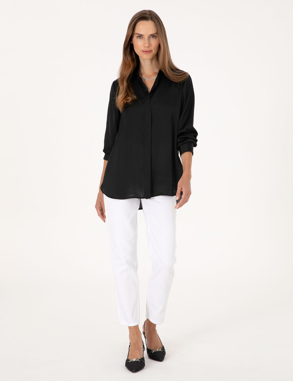 Siyah Comfort Fit Saten Uzun Kollu G_mlek