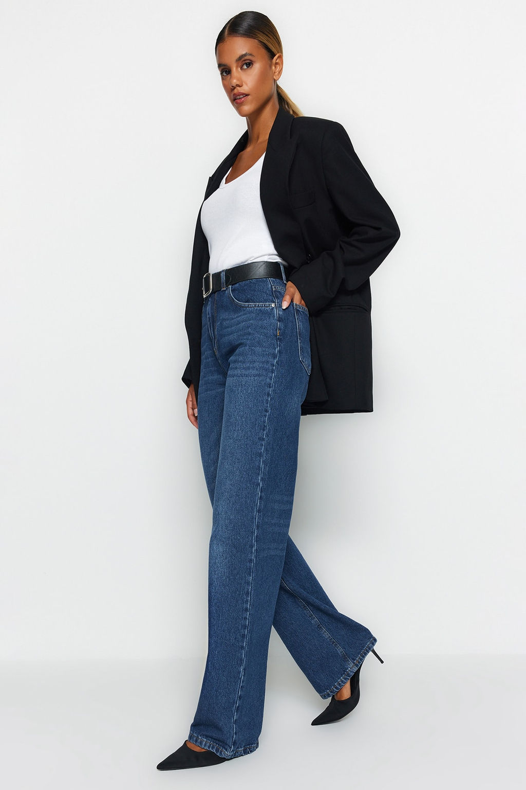 Koyu Mavi Yuksek Bel Genis Paca Wide Leg Genis Paca %100 Pamuk Non-Stretch Jeans TWOAW24JE00074