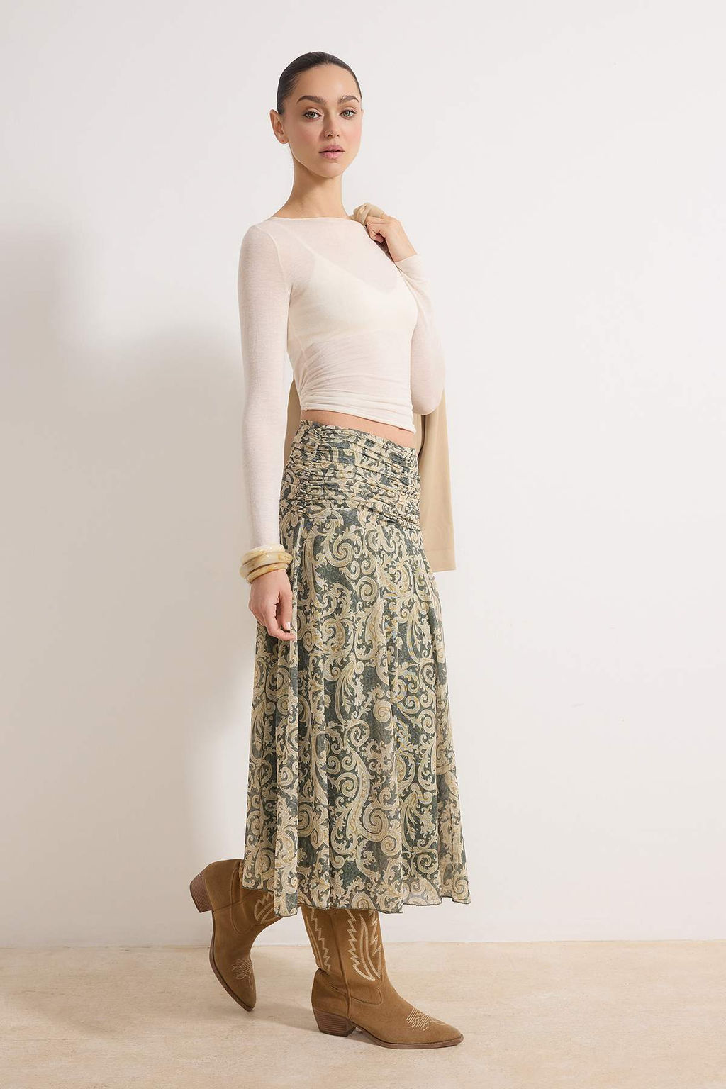 Haki Maxi Buzgu/Drape Detayl? Boho/Boho Chic Baskl?l? Tul Esnek Orme Etek TWOAW26ET00122