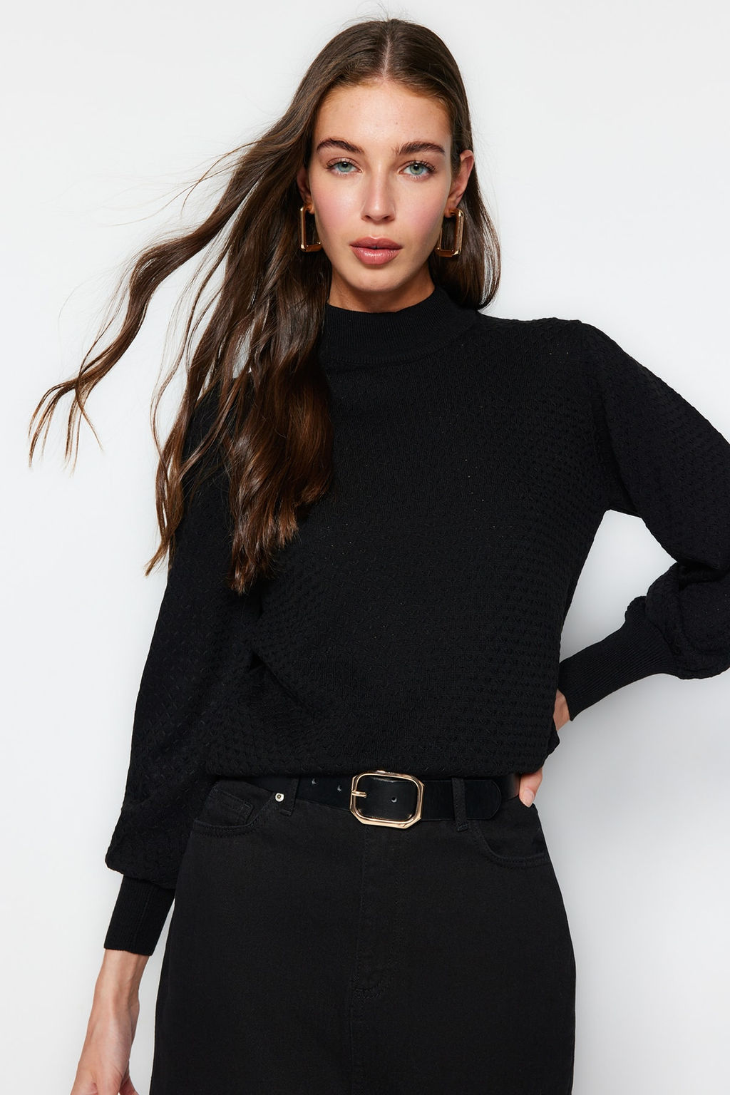 Siyah Dik Yaka Triko Kazak TWOAW21KZ0817 - Trendyolmilla фото 3