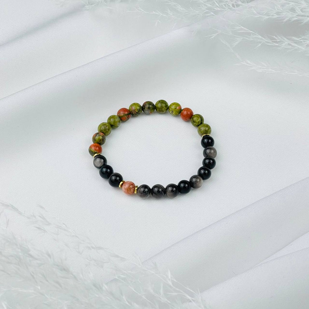 Браслет "Стихия Земля" из Обсидиана, Унакита и Родохрозита 17 см