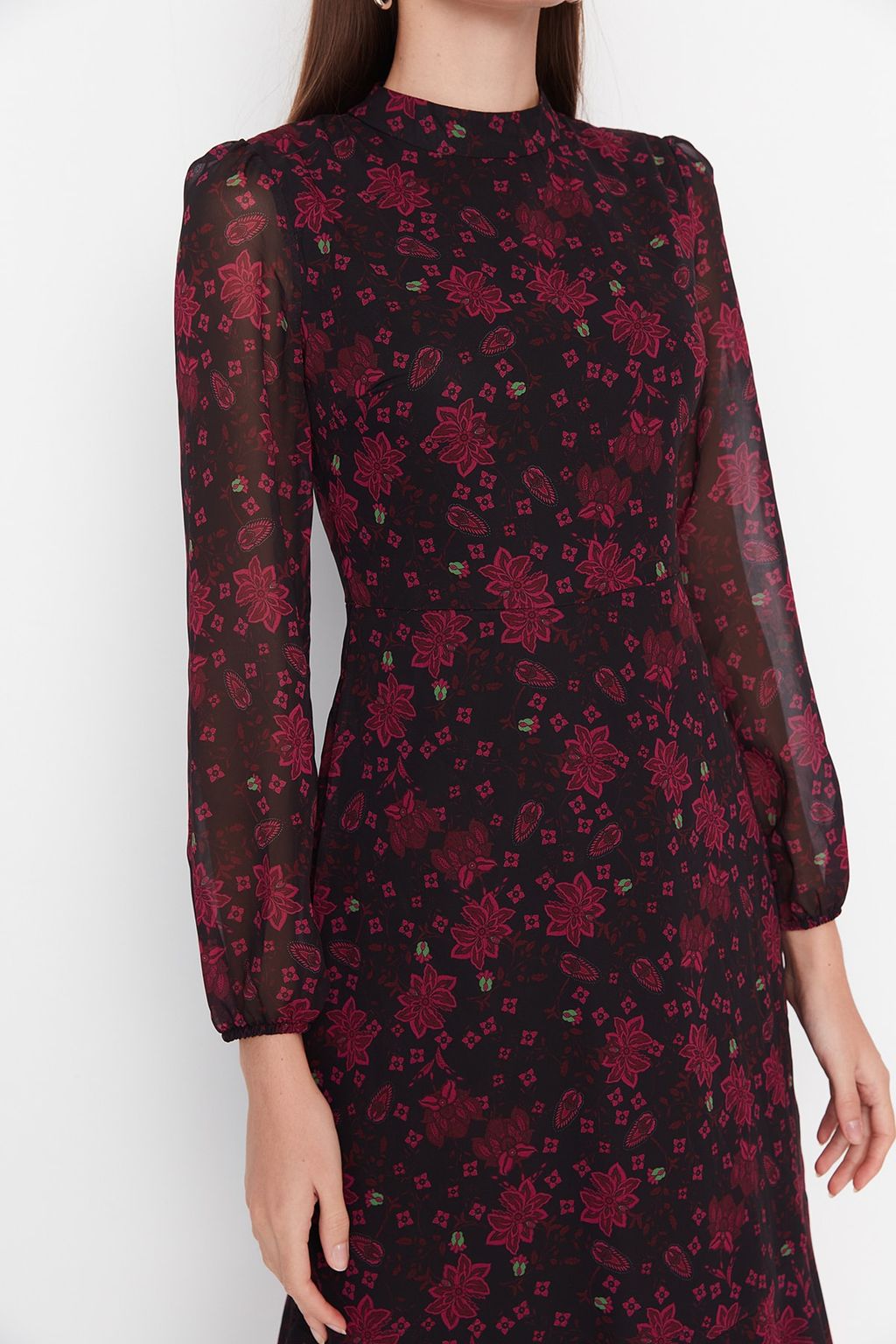 Pembe Cicekli A Kesim Dik Yaka Midi Astarl? Sifon Dokuma K?sl?k Elbise TWOAW20EL1313