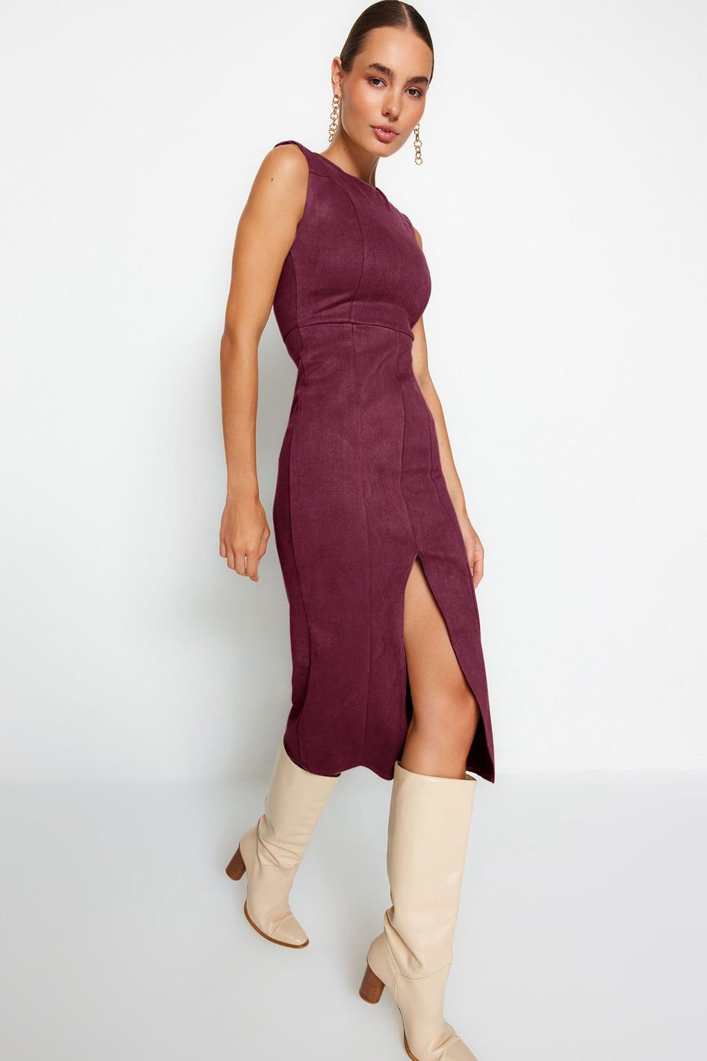 TRENDYOLMILLA Mor Duz Midi Dokuma Elbise TWOAW24EL00321 фото 8