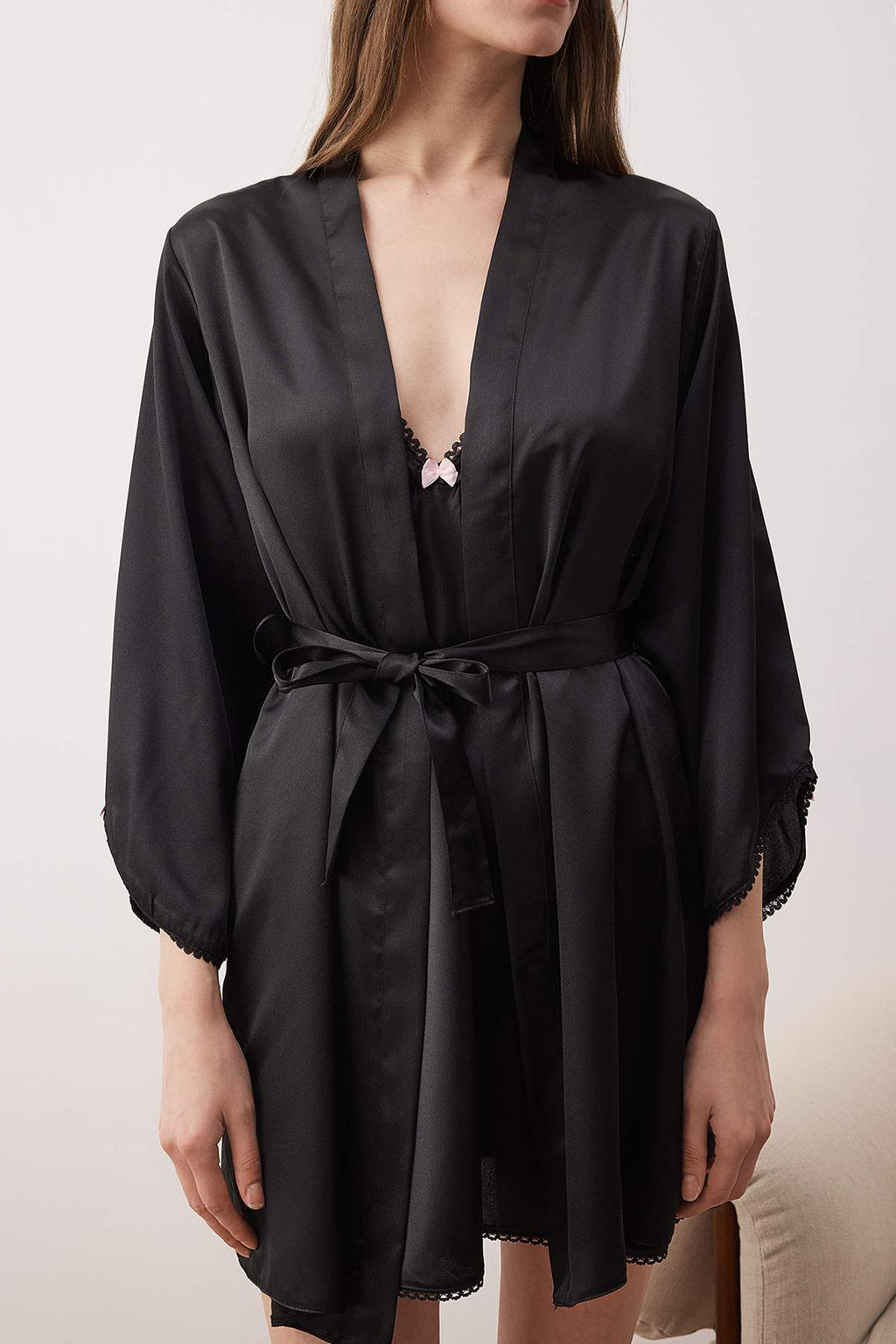 Siyah 4lu Ceyiz Set Saten Dokuma Gecelik+Sabahl?k+Pijama Tak?m? THMAW26PT00210 - Trendyolmilla фото 4