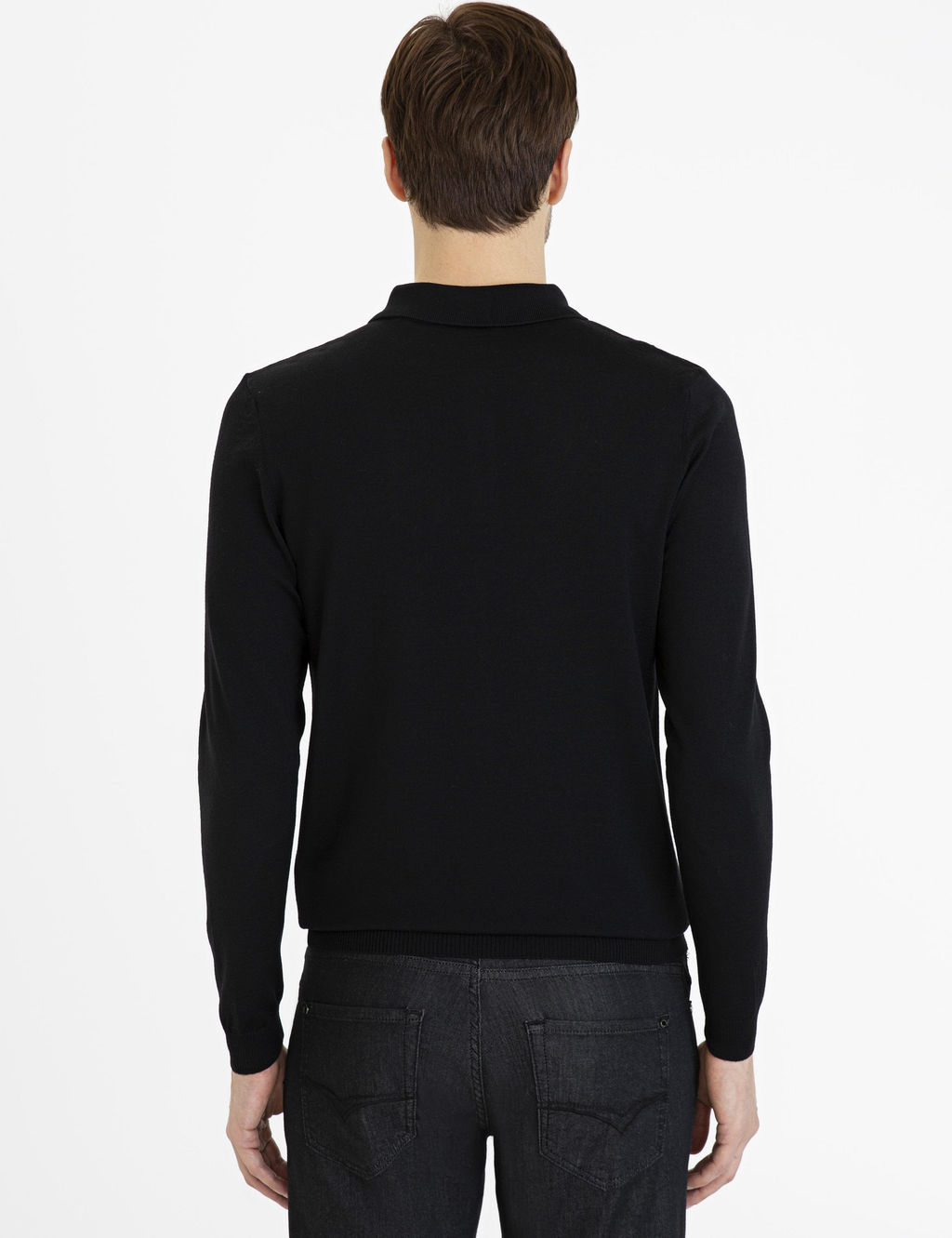 Черный базовый трикотажный свитер приталенного кроя с воротником-поло - Cacharel фото 4