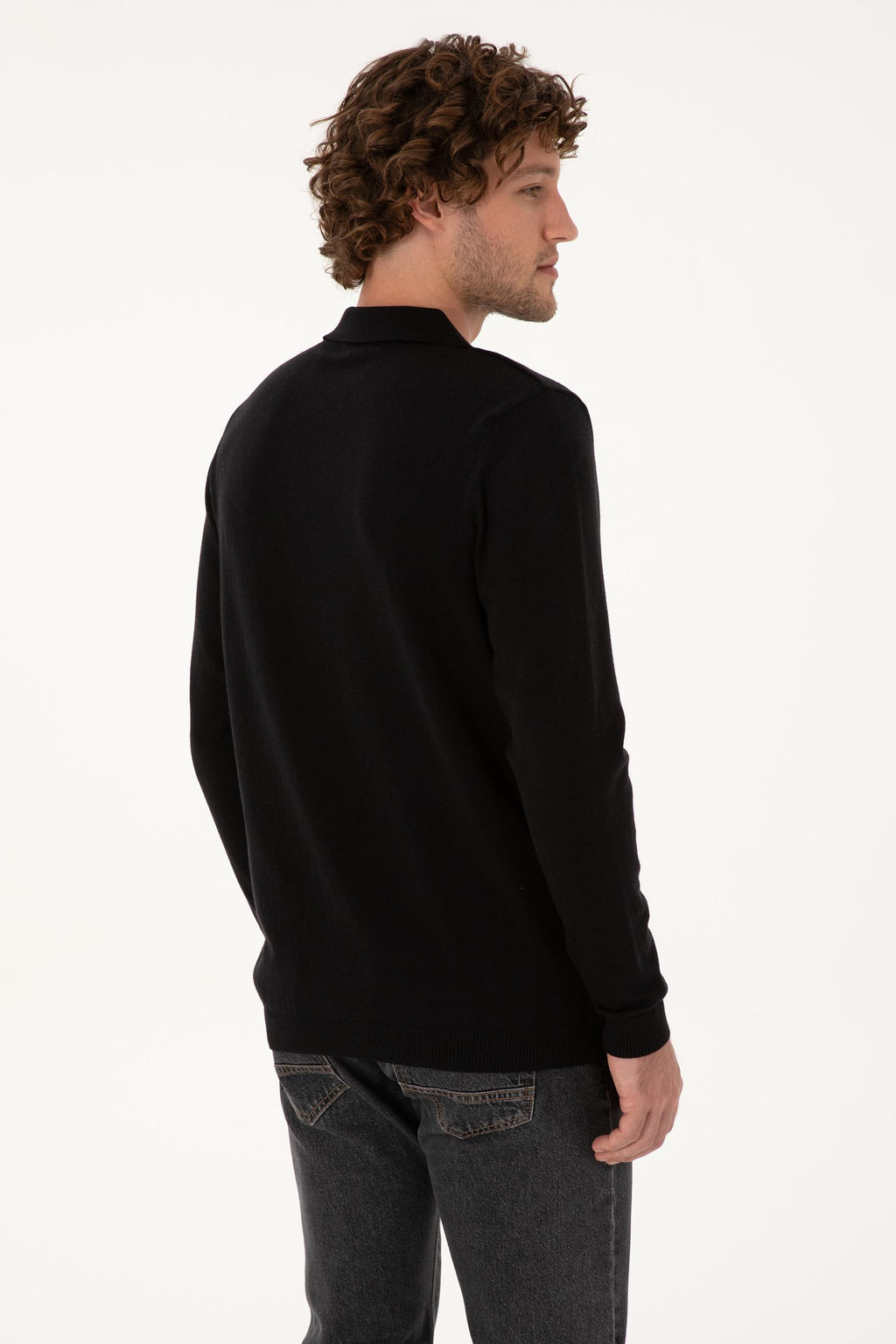 Erkek Slim Fit Yar_m Fermuarl_ Polo Yaka Siyah Kazak