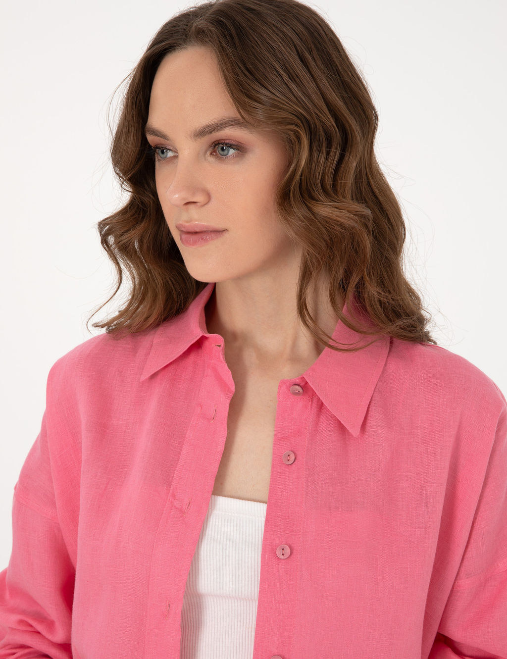 Pembe Oversize Uzun Kollu %100 Keten G_mlek