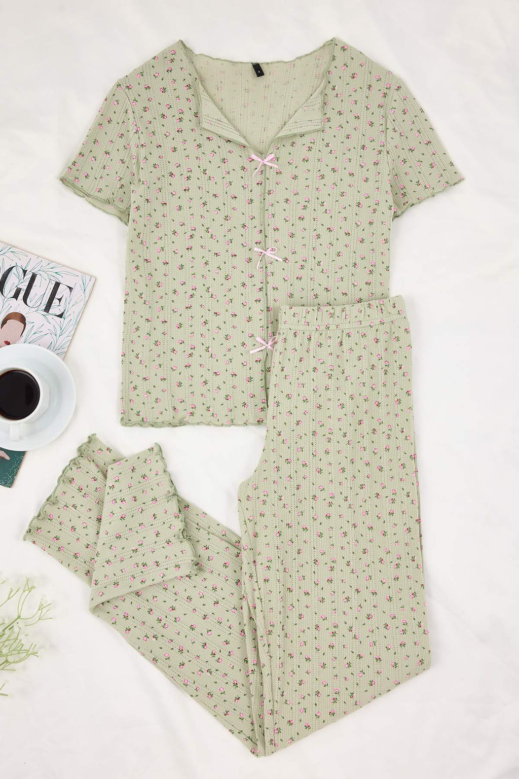 Yesil %100 Pamuklu Cicekli Kurdele/Fiyonklu Fitilli/Pointel Orme Pijama Tak?m? THMSS26PT00010 - Trendyolmilla фото 5