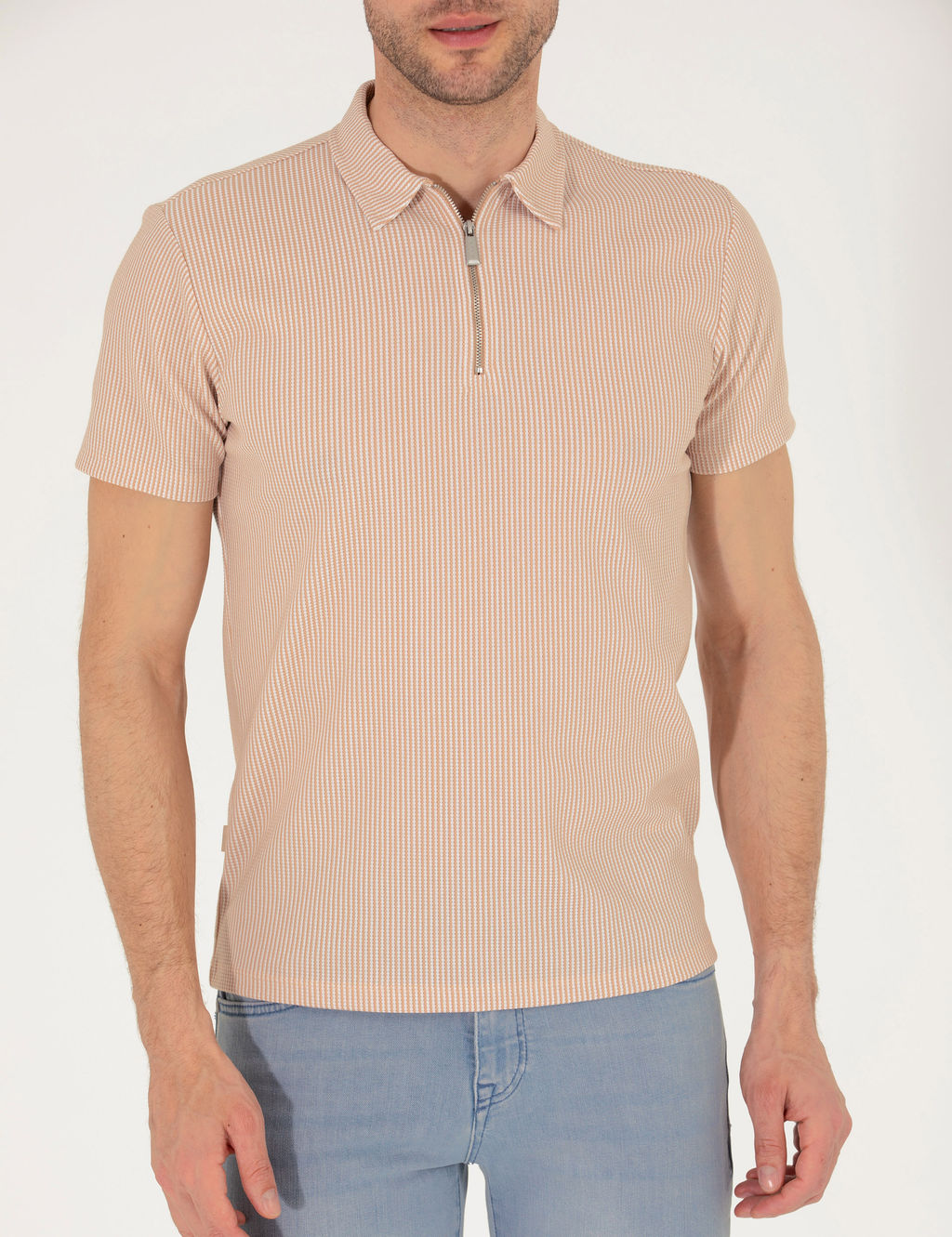 Bej Slim Fit Fermuarl_ Polo Yaka Ti__rt