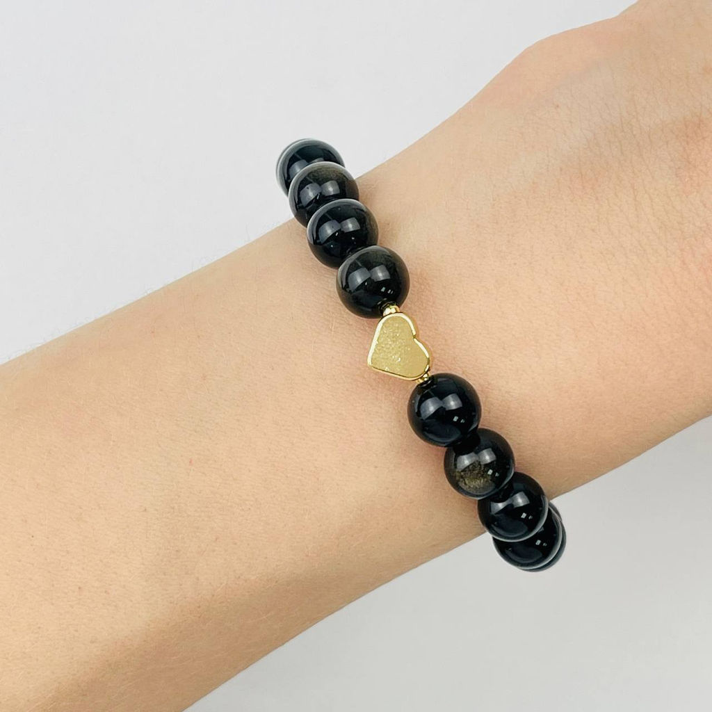 Браслет из золотистого Обсидиана со вставкой "Сердце" 16,5 см