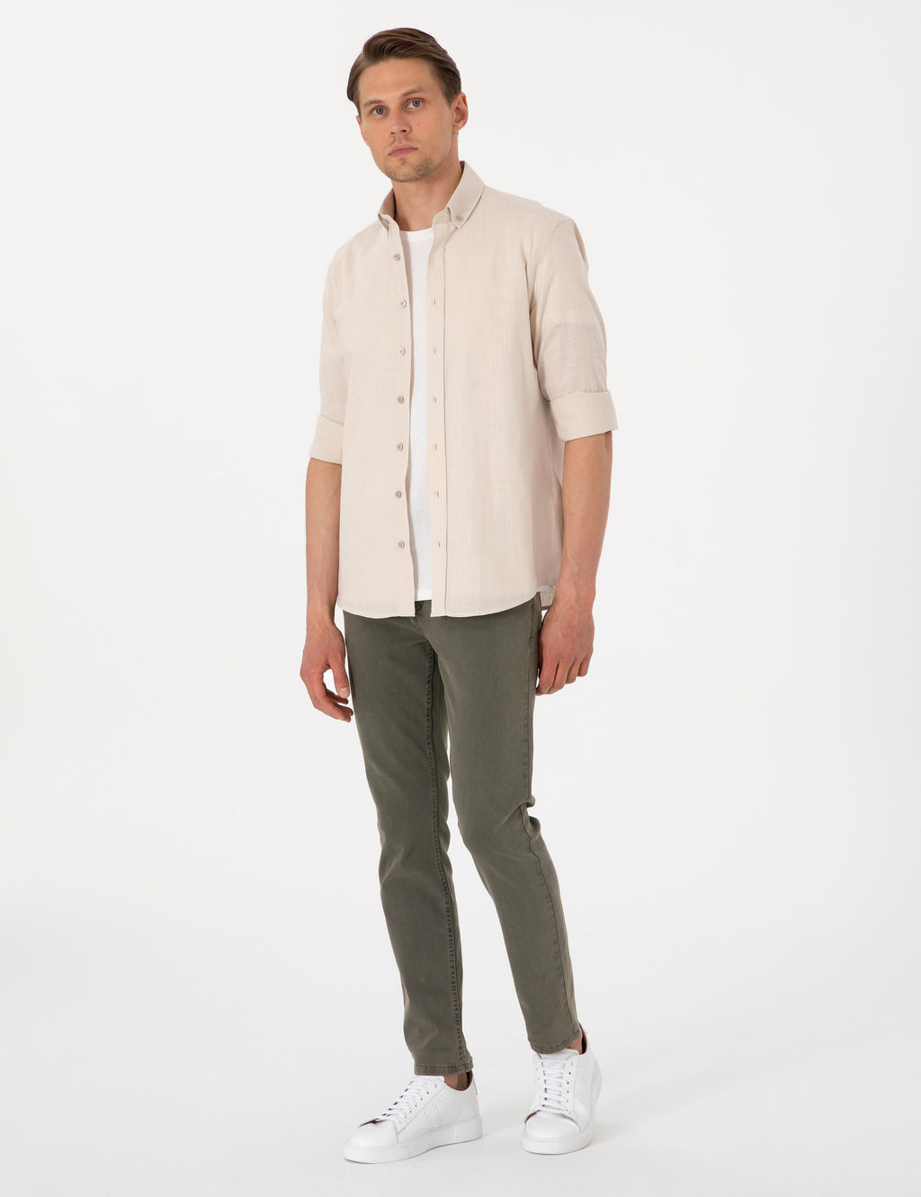 Bej Keten G_r_n_ml_ Slim Fit Uzun Kollu G_mlek - Pierre cardin фото 4