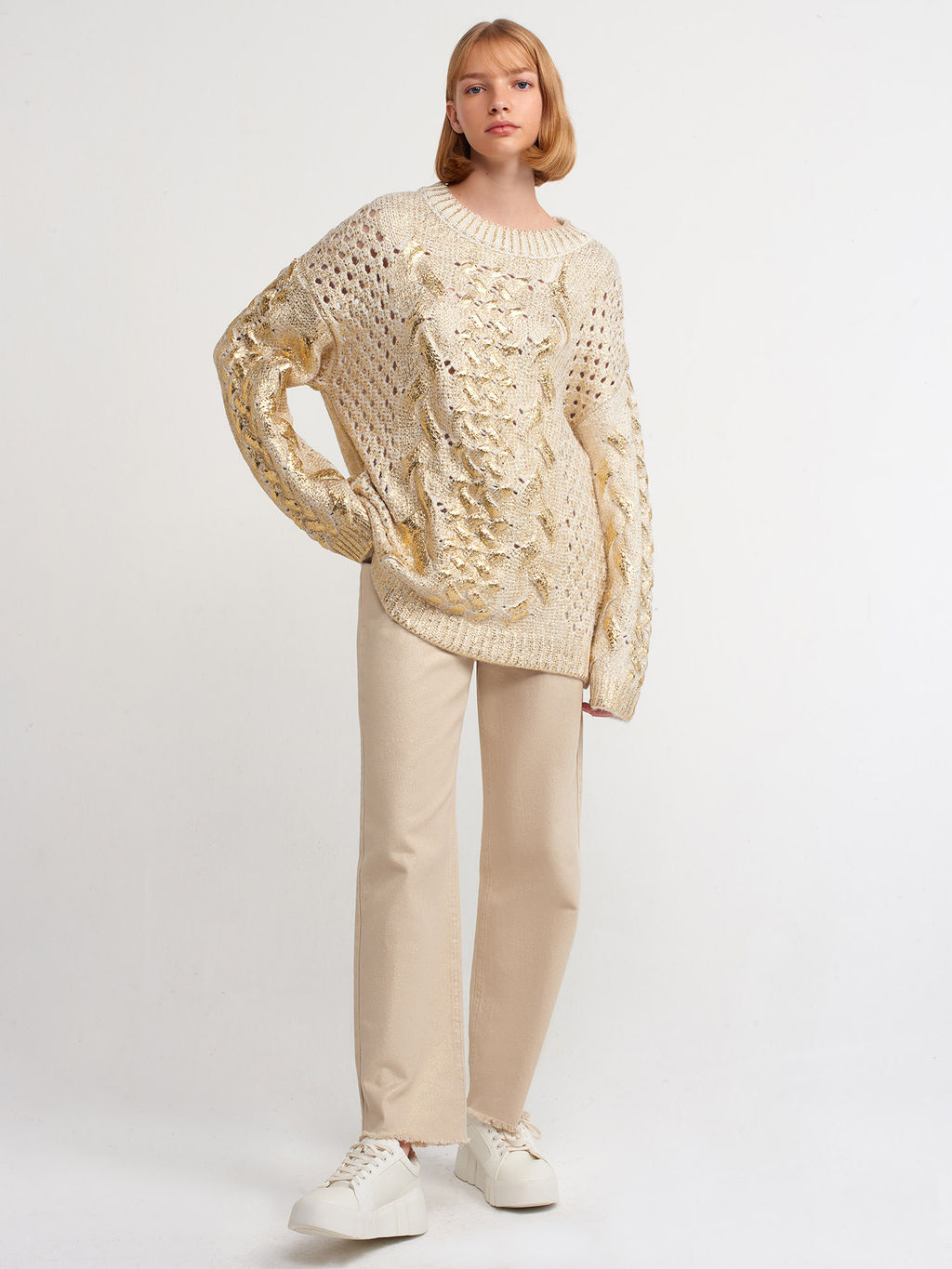 10465 Вязаный свитер с принтом фольги для волос-Экрю-Золото