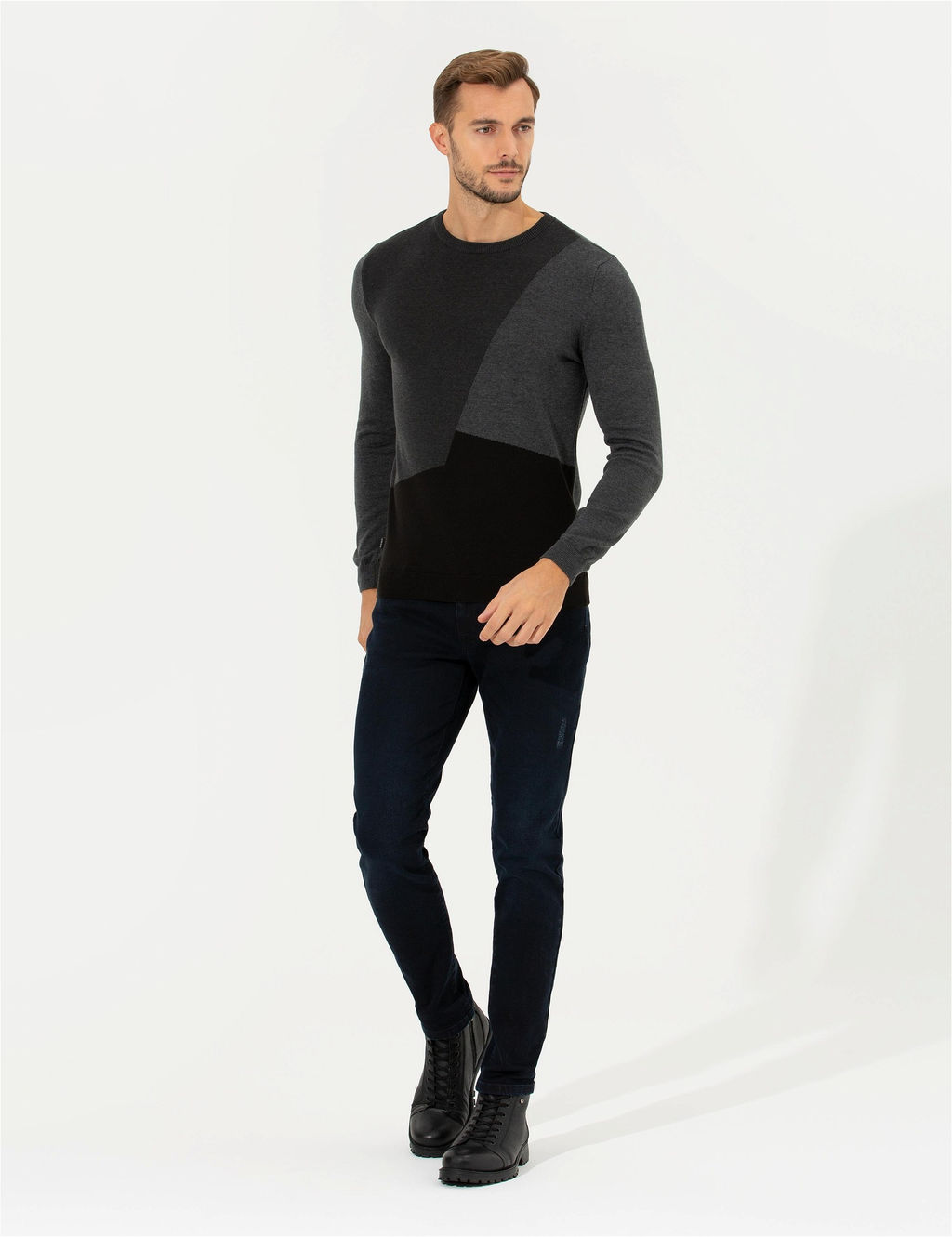 Gri Melanj Slim Fit Bisiklet Yaka Triko Kazak - Pierre cardin фото 4