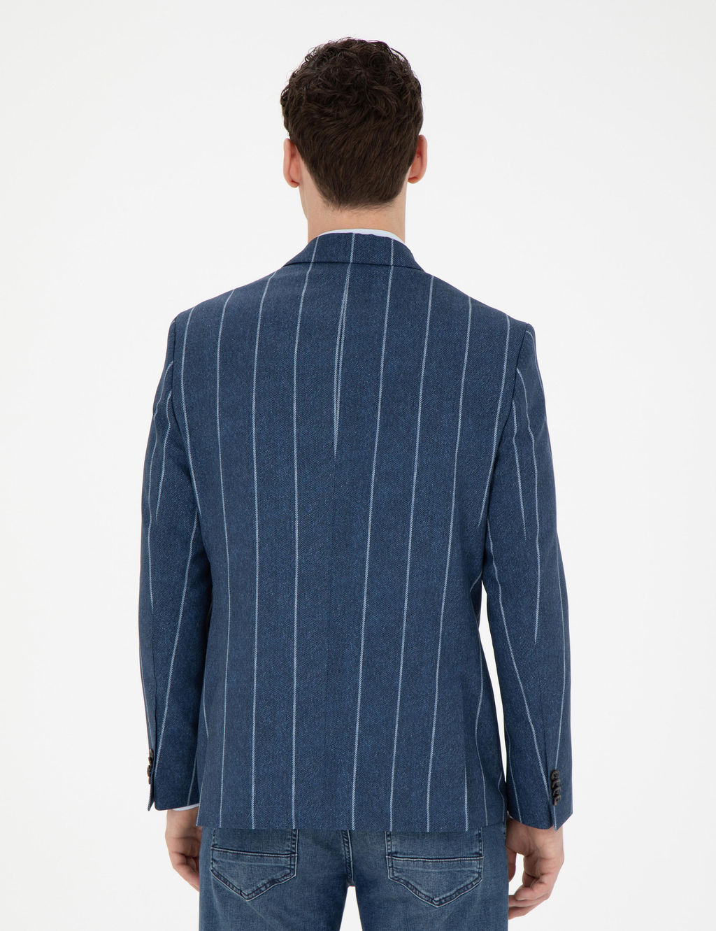 Lacivert Slim Fit _izgili Y_n Blazer Ceket