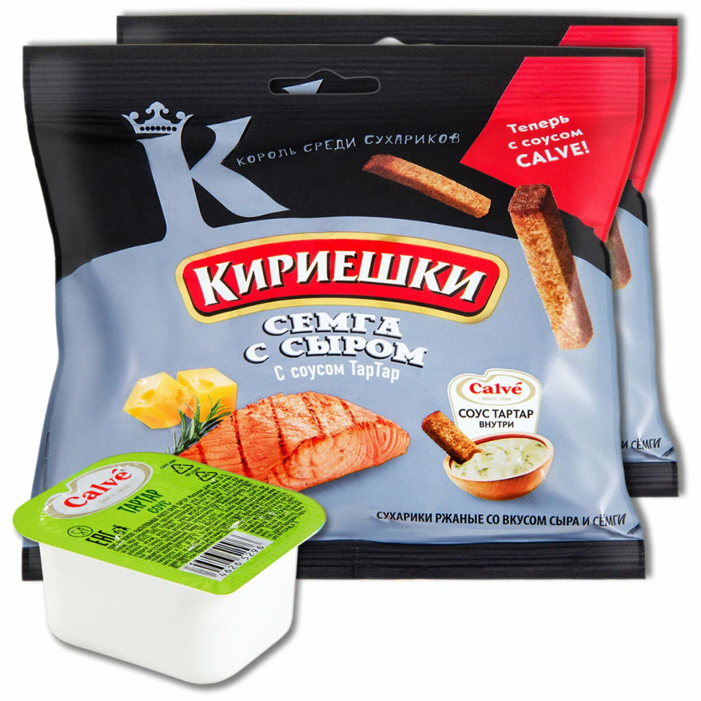 Цена за 5 шт.Кириешки, сухарики со вкусом семги с сыром и соусом тар-тар Calve, 85 г  фото 2
